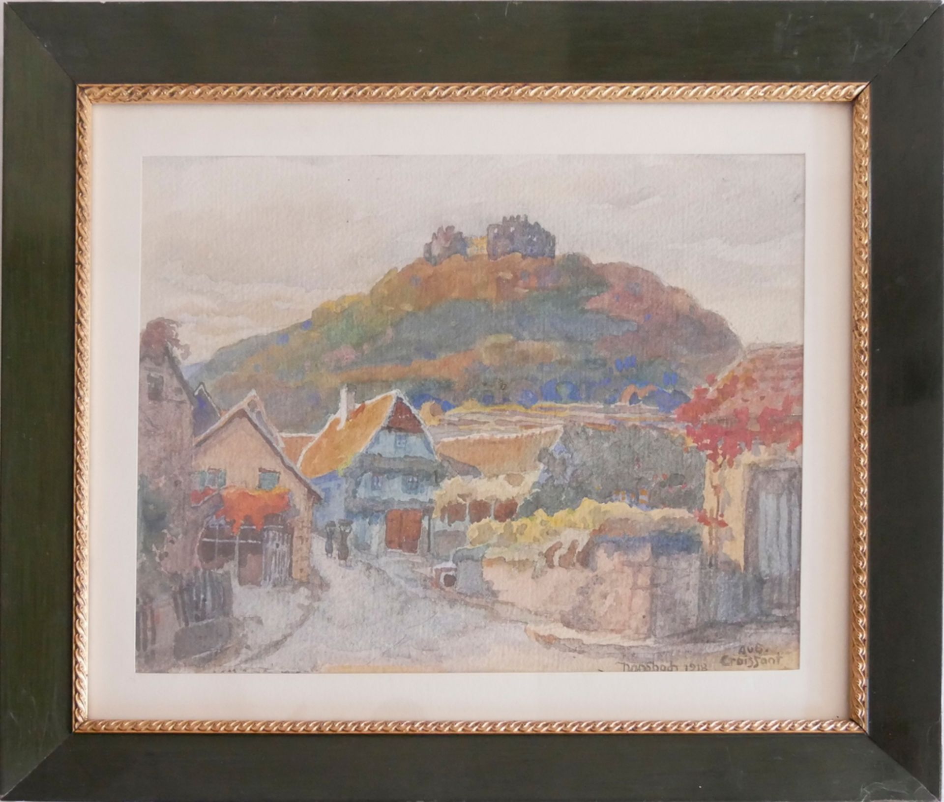 Auguste Croissant (1870-1941) Aquarell "Hambach 1918" hinter Glas gerahmt. Gesamtmaße: Höhe ca. 36,5
