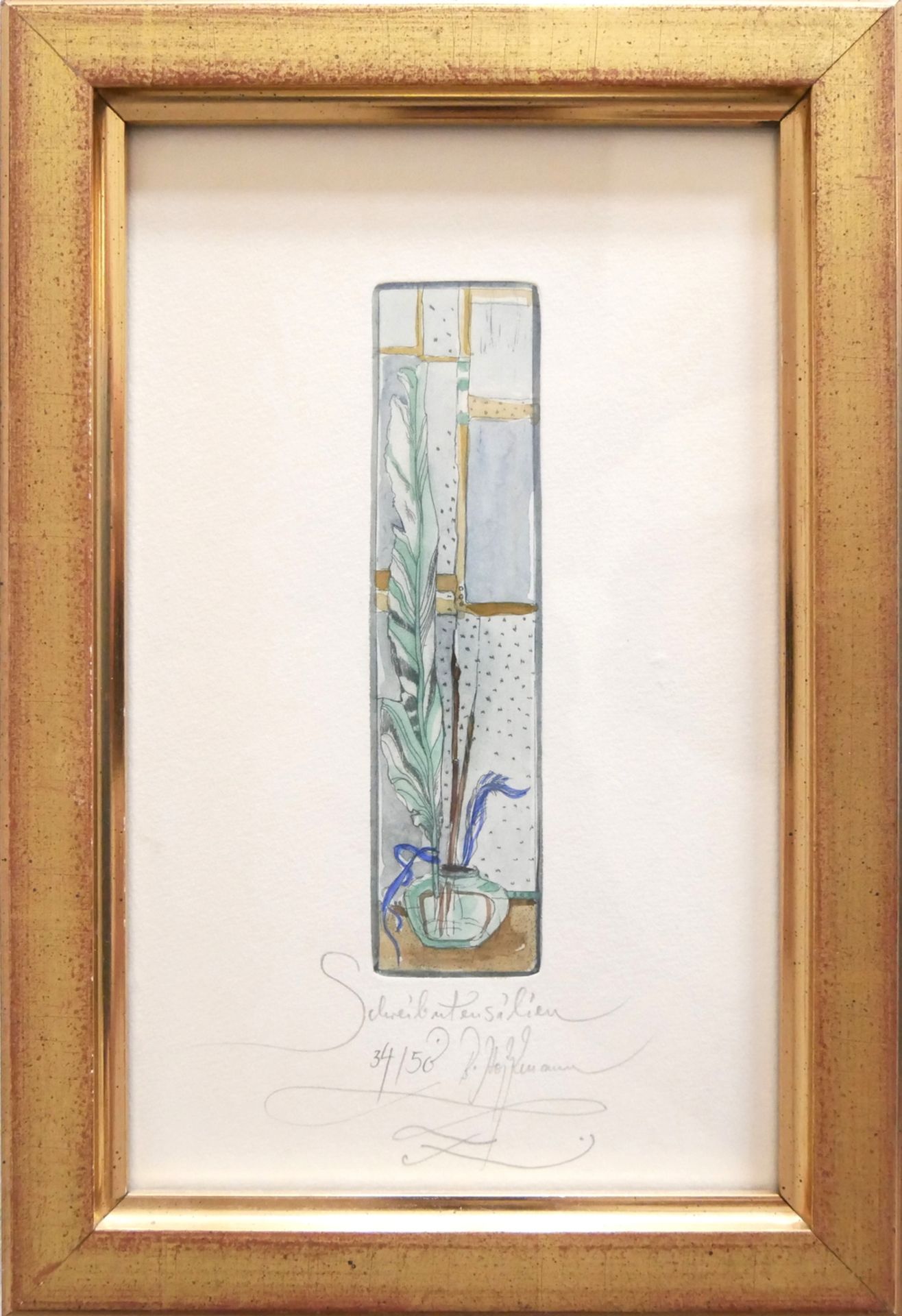 Aquarell "Schreibuntensilien", 34/50 von B. Hoffmann, hinter Glas gerahmt, Signatur unten mittig,