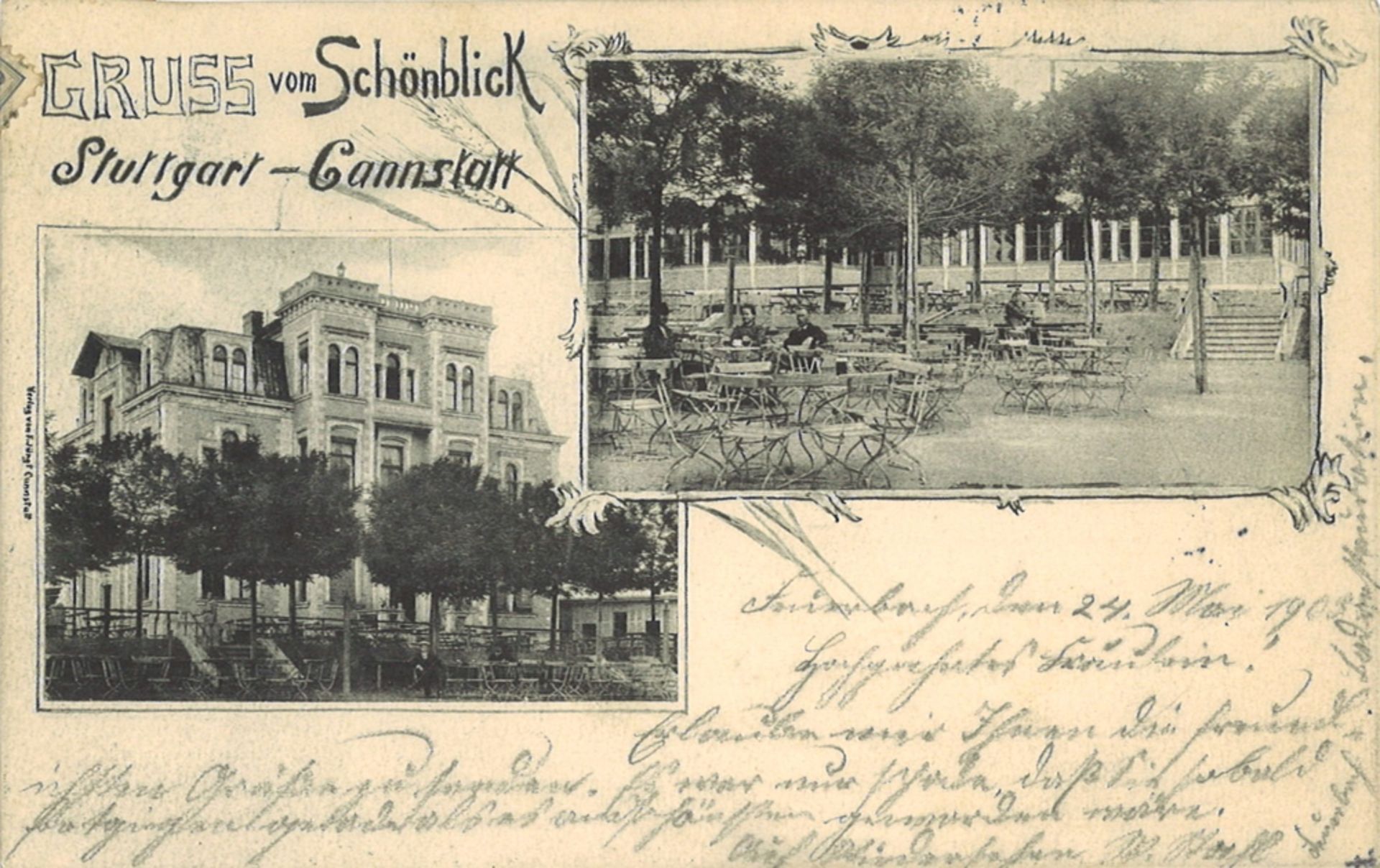 Postkarte "Gruss vom Schönblick" Stuttgart - Cannstatt, gelaufen