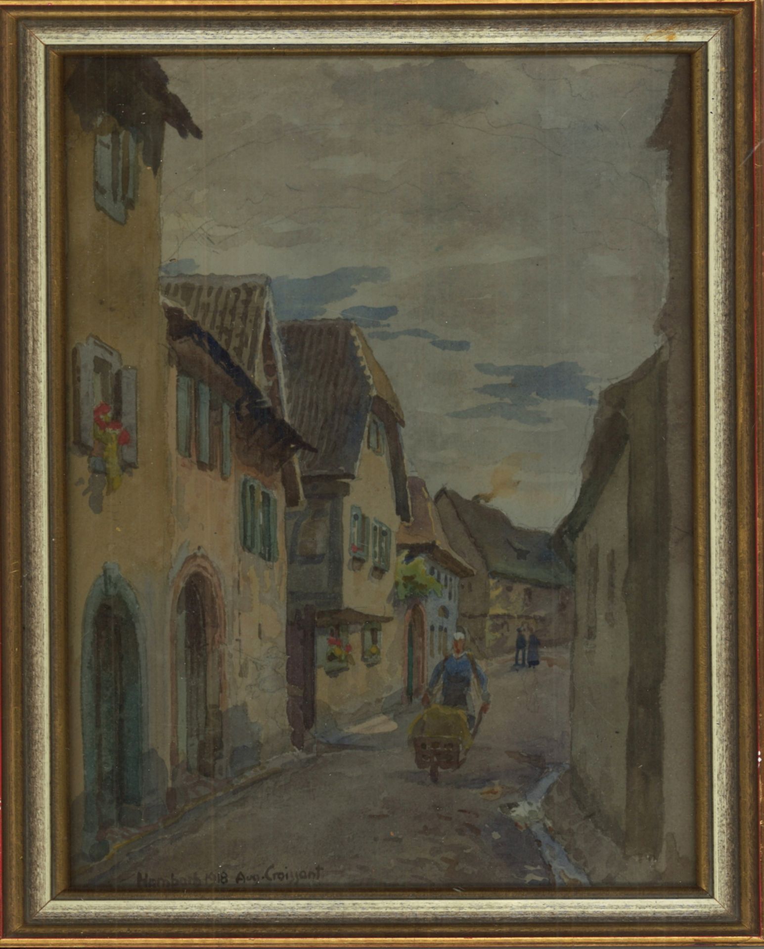 Auguste Croissant (1870-1941) Aquarell "Hambach 1918" hinter Glas gerahmt. Gesammaße: Höhe ca. 33