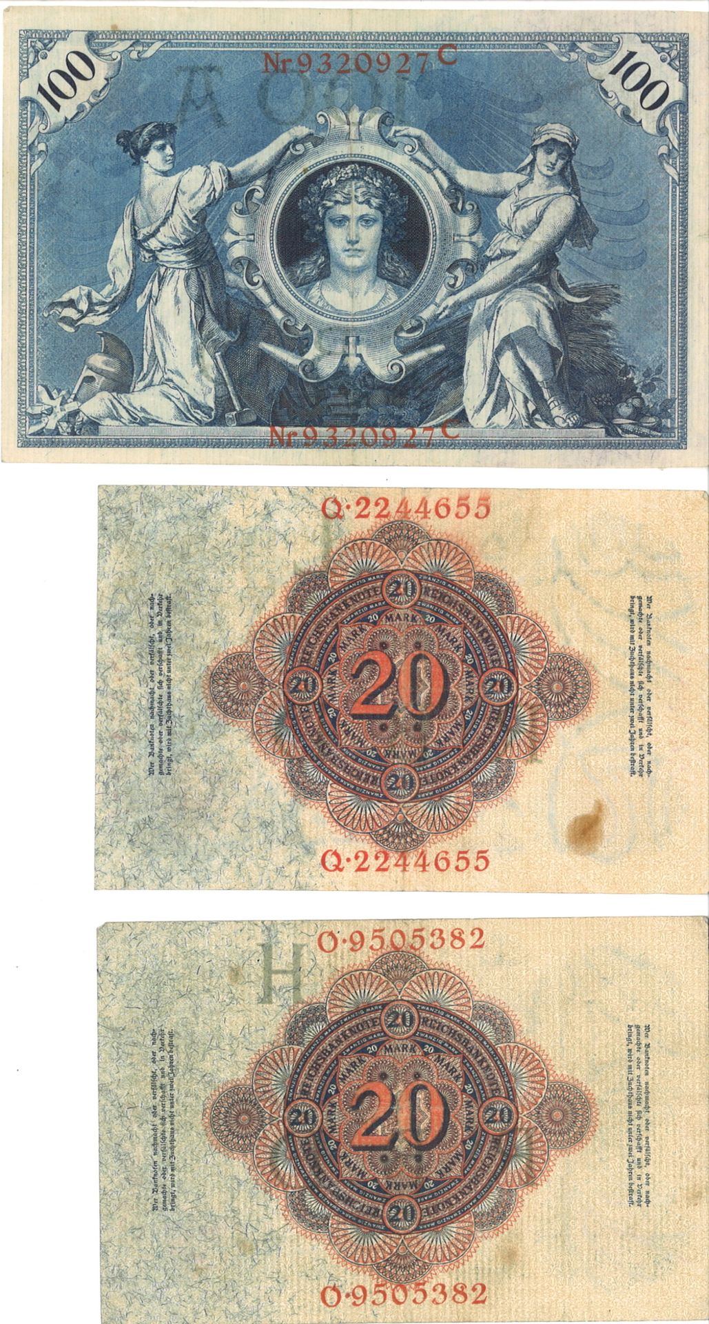 Lot von 3 Reichsbanknoten, dabei 2x "Zwanzig Mark" 1914, 1x Einhundert Mark" 1908. Erhaltung: s - Image 2 of 2