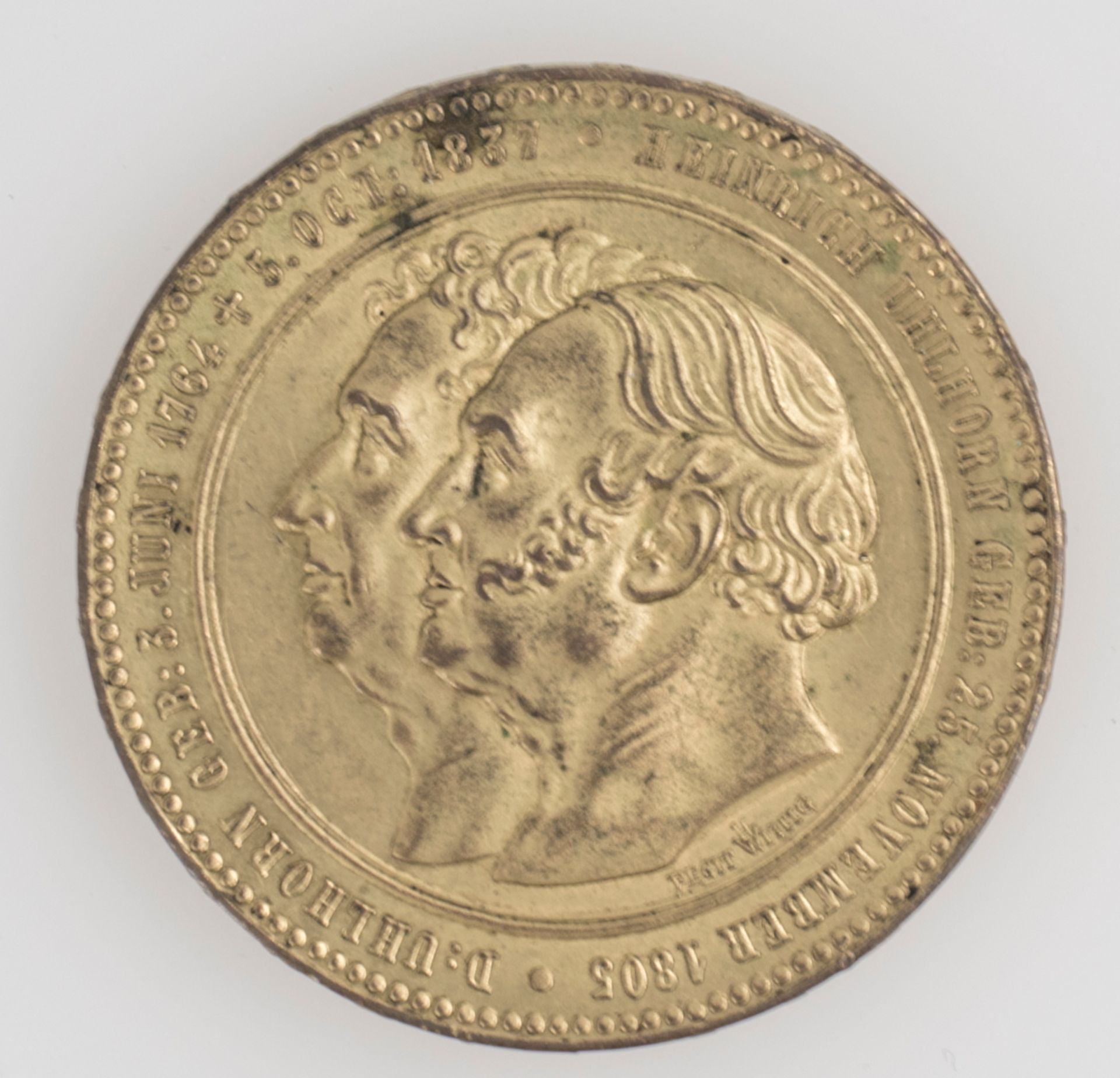 Medaille D. und Heinrich Uhlhorn, zur Vollendung der 200. Münzmaschine 1876. Randschrift: Mit