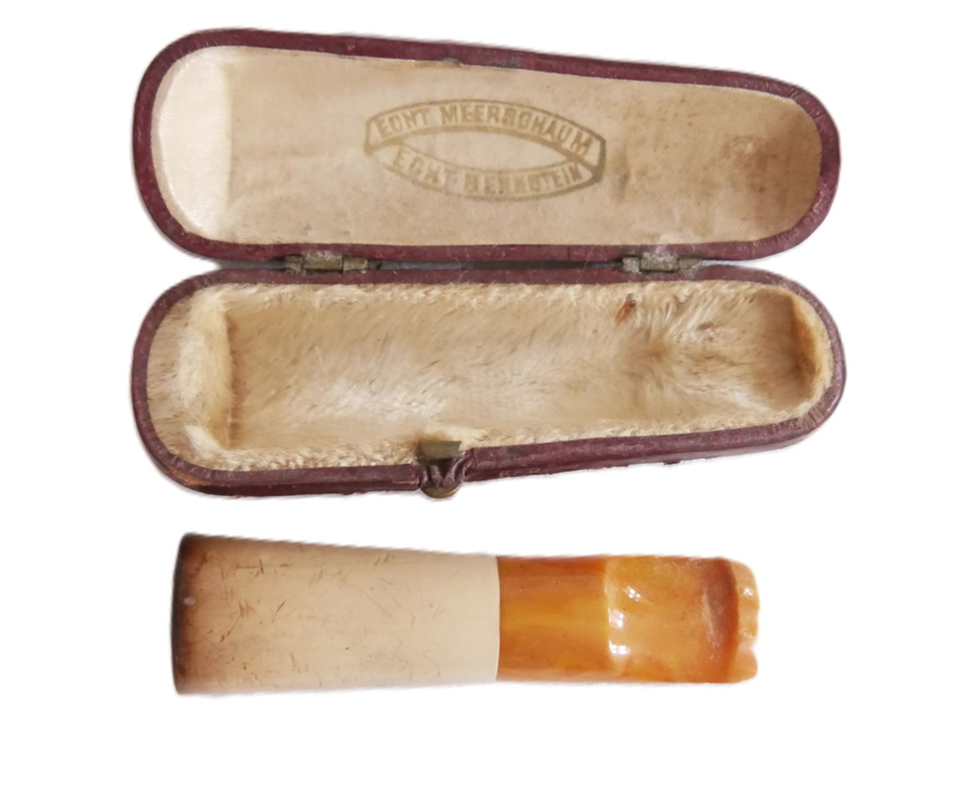 antike Art Deco Meerschaumpfeife mit Mundstück aus Bernstein im Etui.