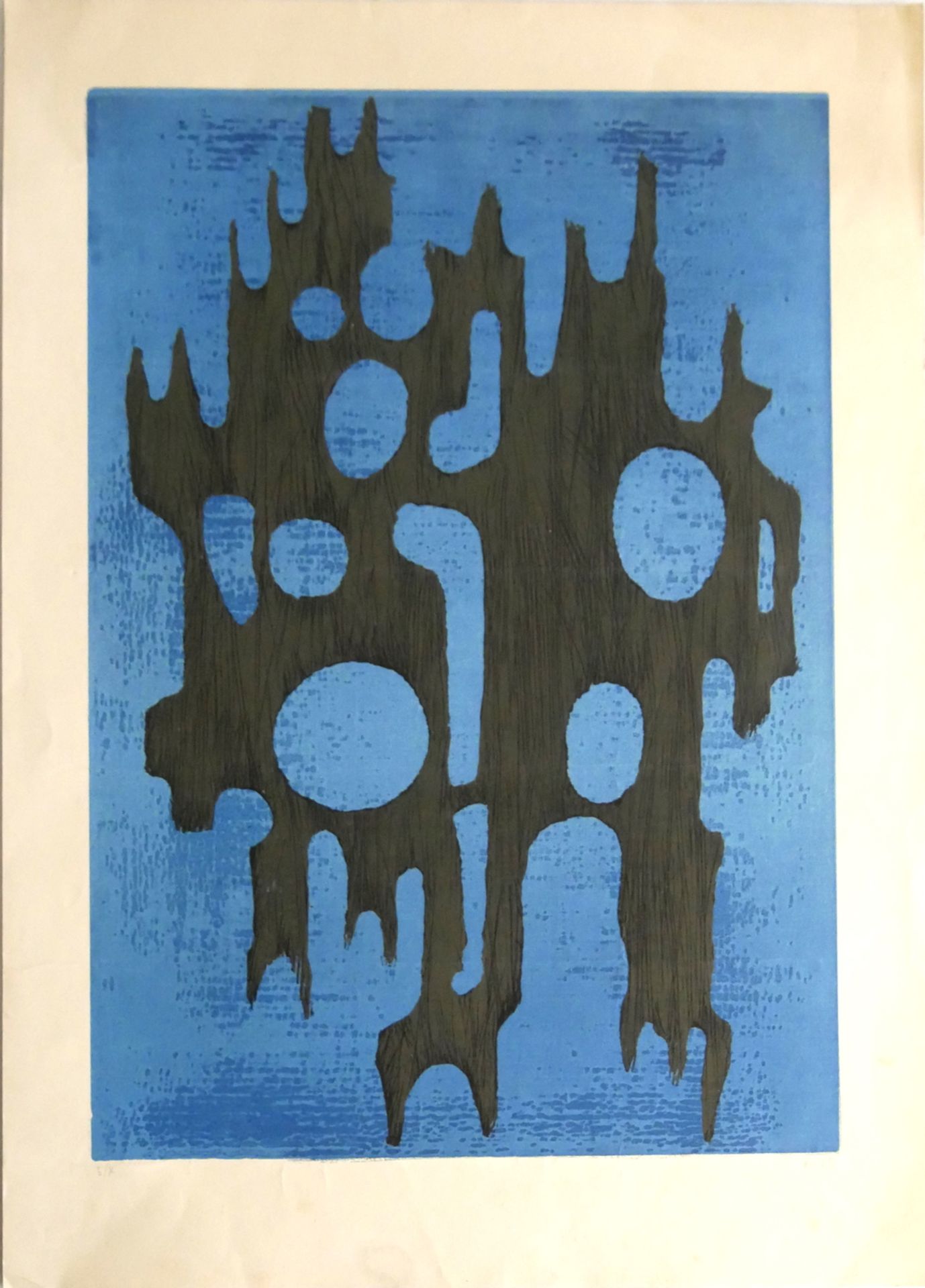 abstrakte Farblithografie "Blau-schwarze Variation", rechts unten unleserliche Signatur, 5/X,