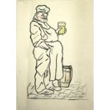 Zeichnung / Karikatur "Wirt mit Wein/Bier" rechts unten Signatur Guthehrle. Blattmaße: Höhe ca. 57