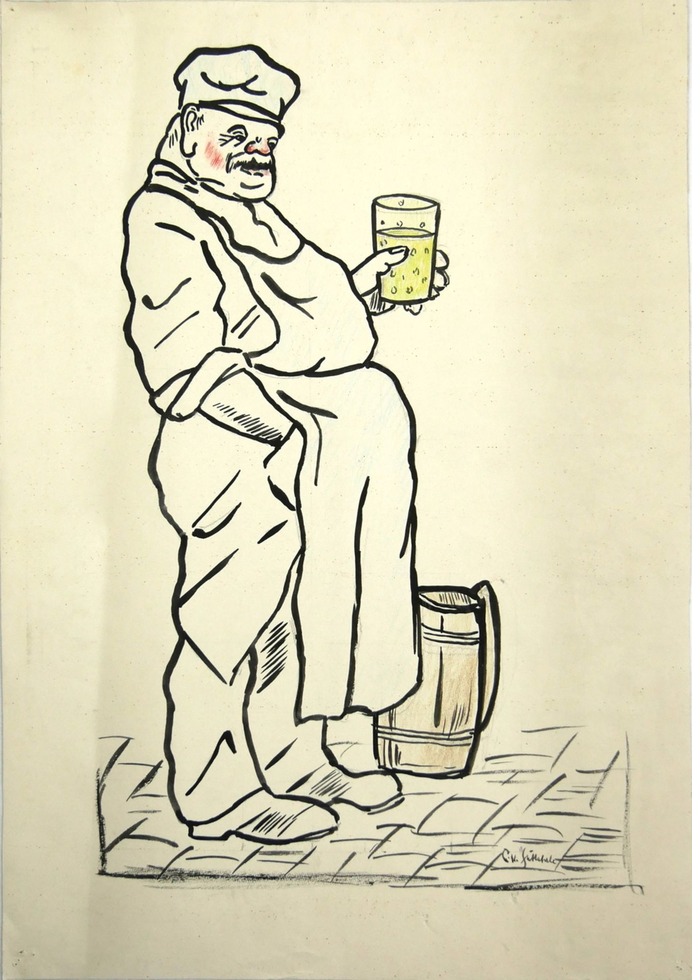 Zeichnung / Karikatur "Wirt mit Wein/Bier" rechts unten Signatur Guthehrle. Blattmaße: Höhe ca. 57