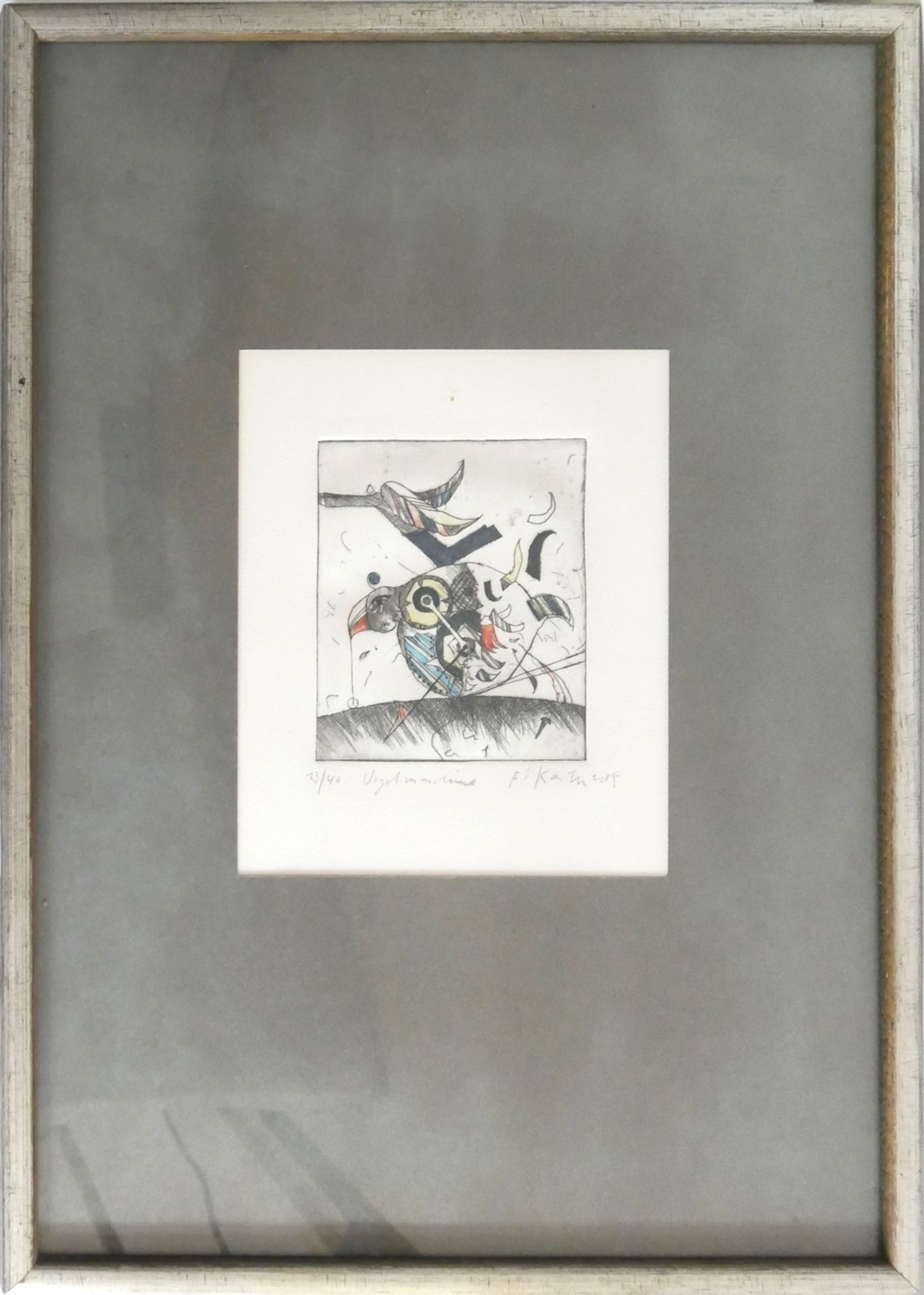 BERND KASTENHOLZ: "Vogelmaschine", colorierte Radierung, Handsigniert 13/40, hinter Glas gerahmt,