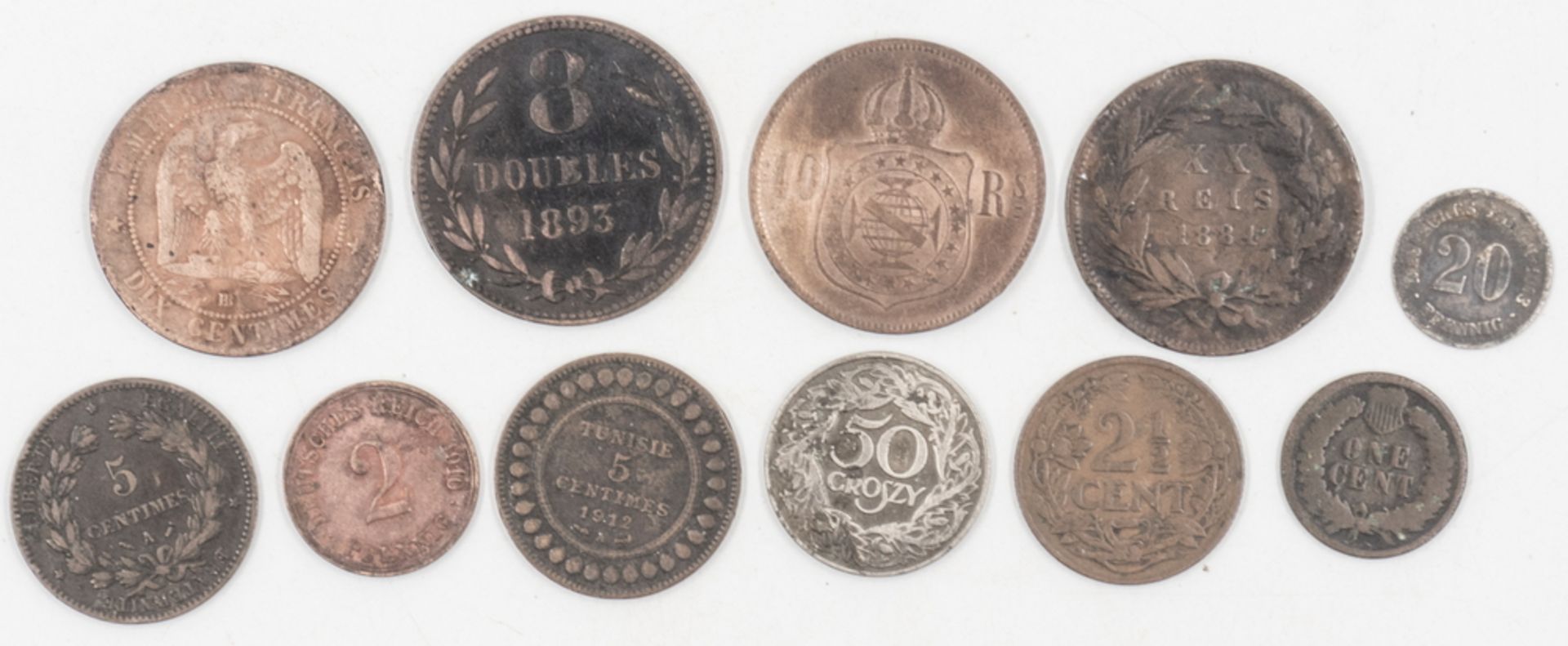 Lot Münzen aus aller Welt, dabei Brasilien 1875, Guernesy 1893, Frankreich 1855, Tunesien 1912,