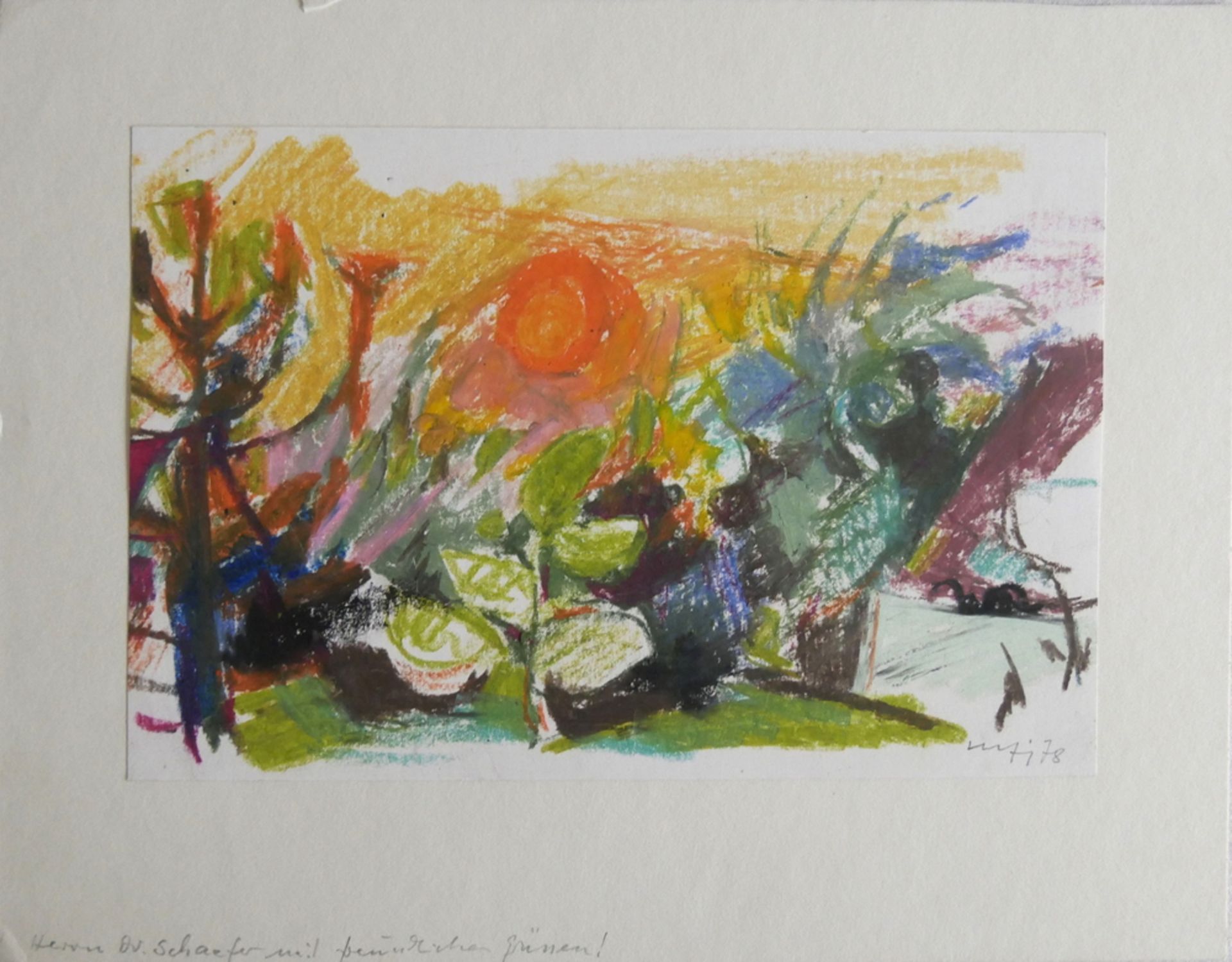 abstrakte Farb-Zeichnung, unleserliche Signatur rechts unten 1978, Maße: Breite ca. 30,5 cm und Höhe