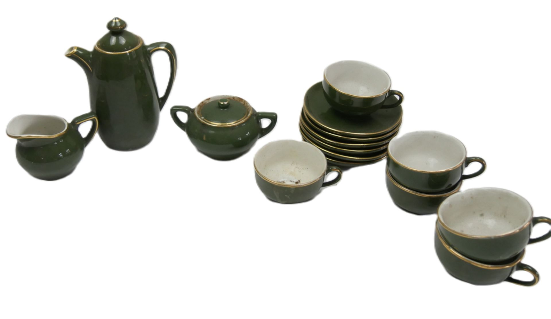 Miniatur Teeservice "Irish-Grün" mit Goldrand, bestehend aus kanne, 6 Tassen mit Unterteller sowie