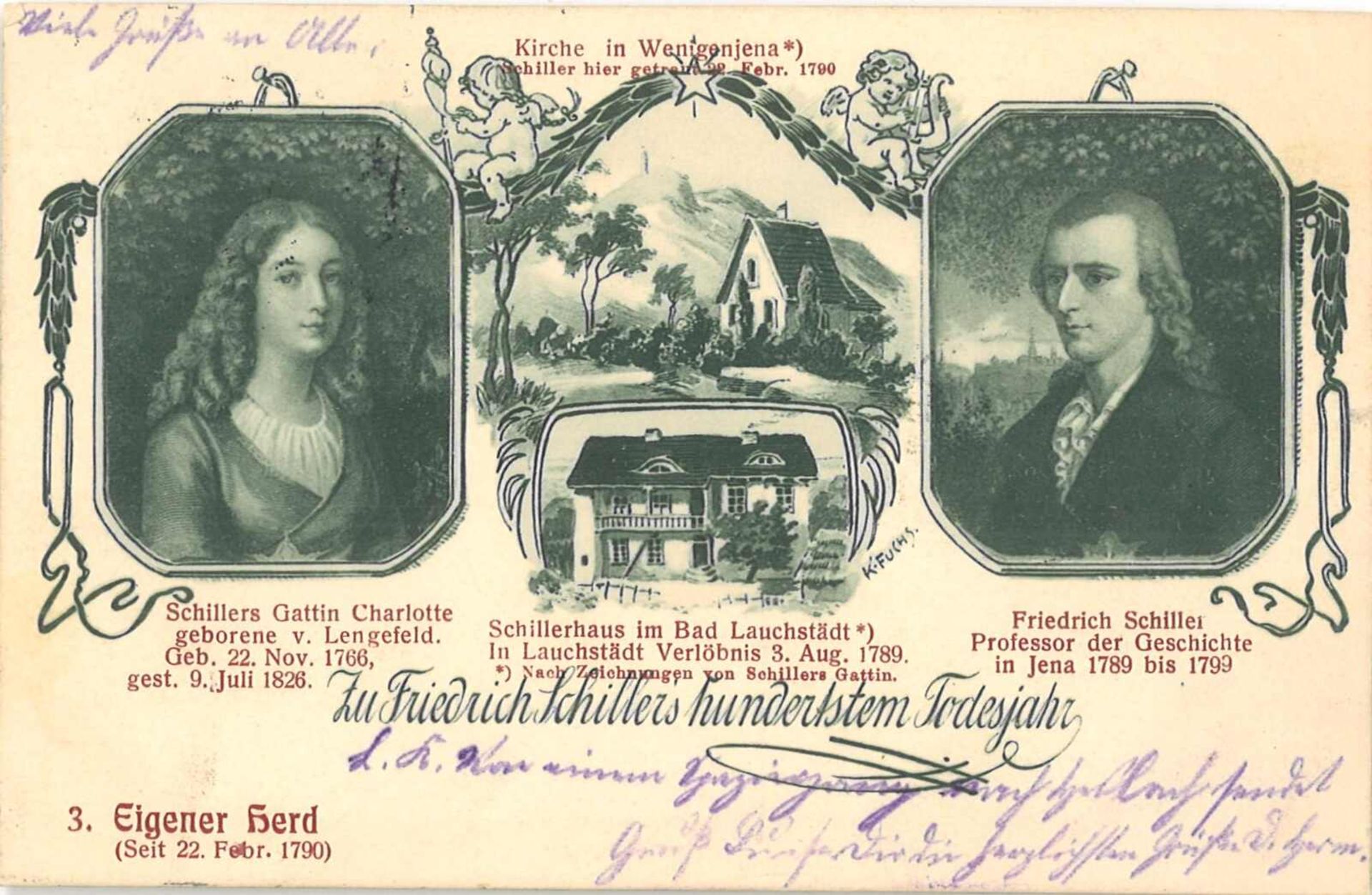 Postkarte - Weltpostverein "Zu Friedrich Schillers hundertstem Todesjahr", gelaufen
