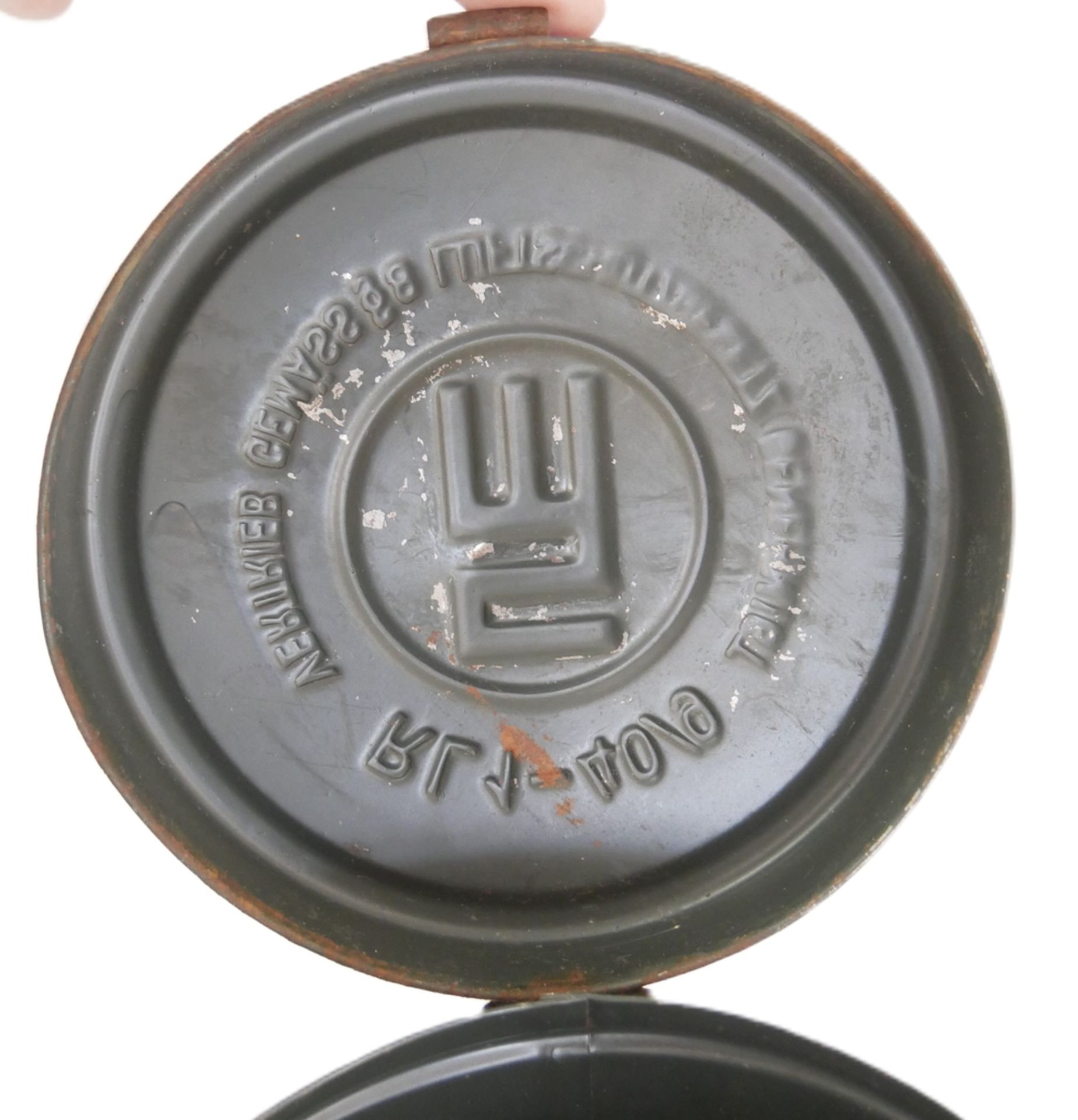 Gasmaskenbehälter der Wehrmacht "RL 1 - 40/9 Vertrieb Gemäß § 8 Luftschutzgesetz" Gebrauchter - Bild 3 aus 3