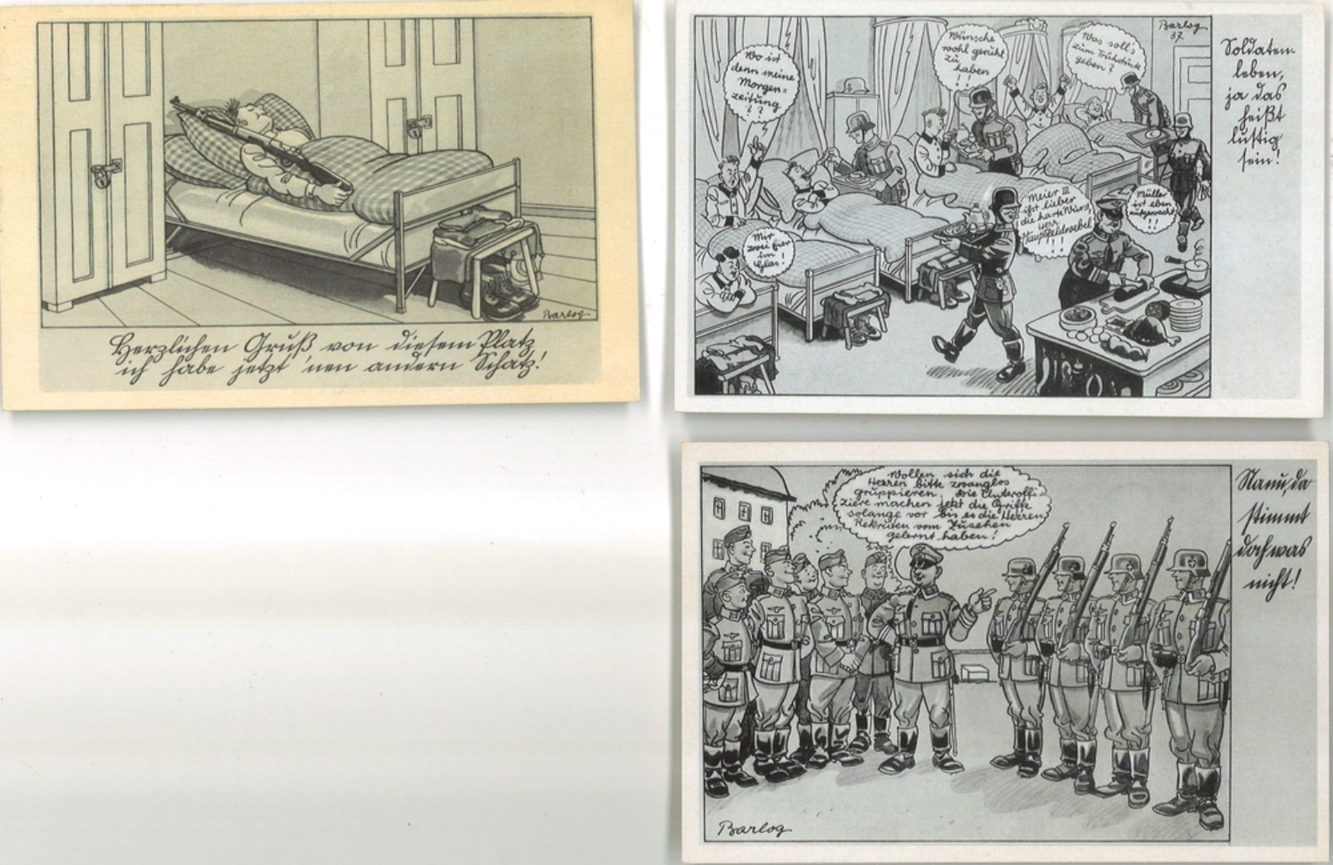 3 Postkarten Soldaten Zeichnungen, dabei 1x Feldpost gelaufen