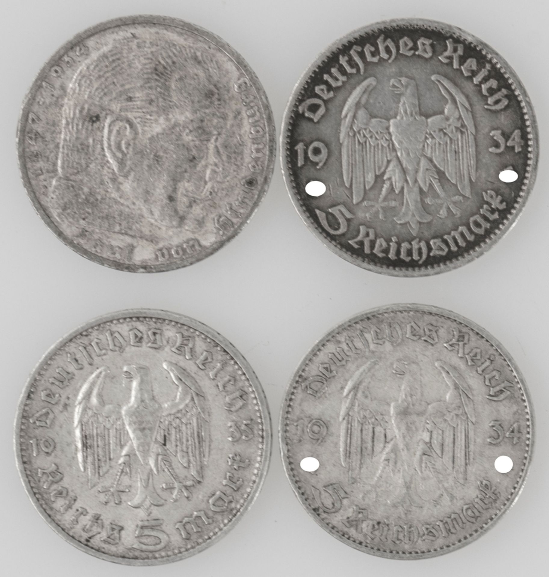 Drittes Reich 1934/36, Lot 5 Reichsmark - Silbermünzen. Erhaltung: ss. - Image 2 of 2