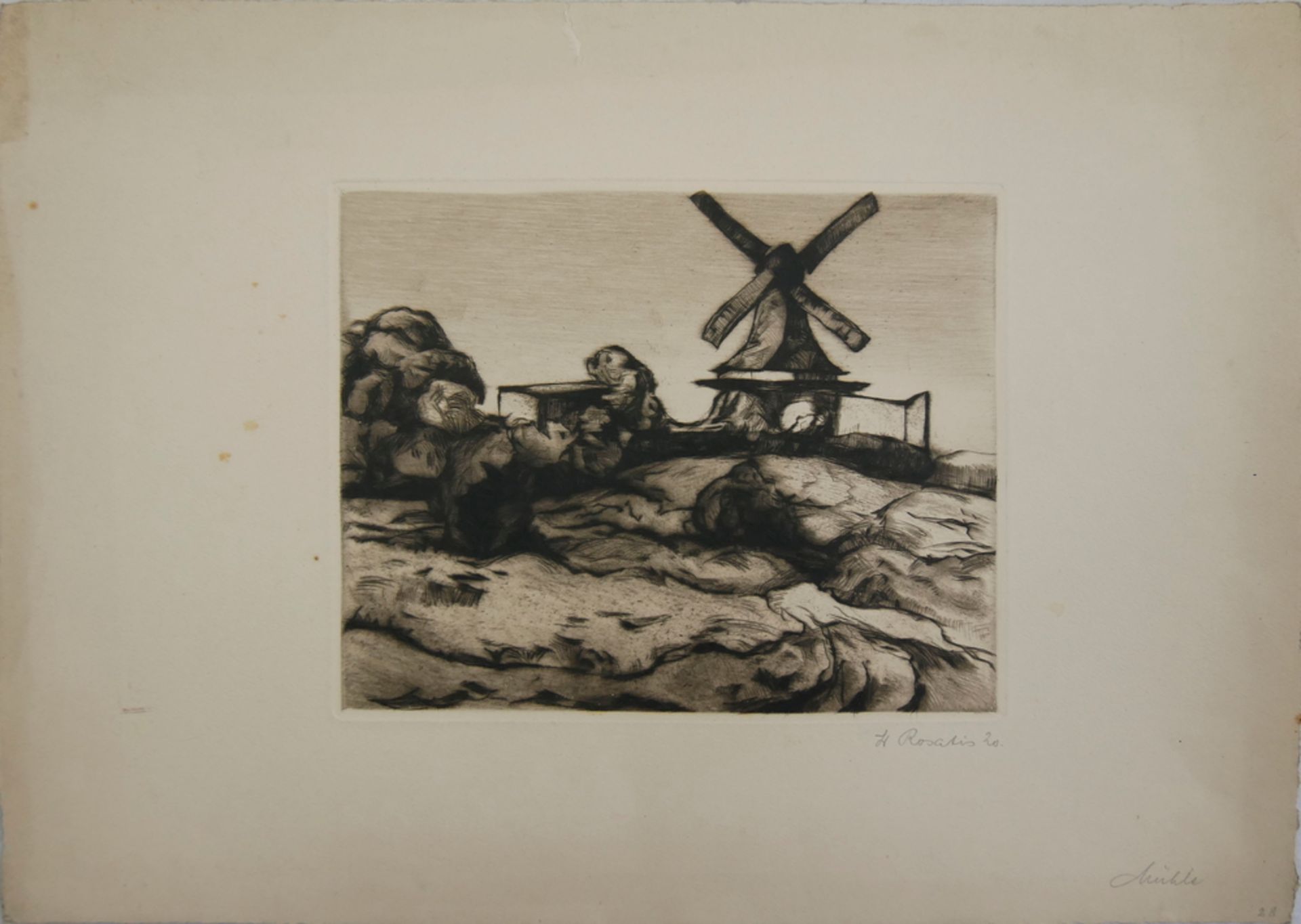 Radierung "Mühle" von Waldemar Rosatis (1898-1964), Riss am oberen Rand, Signatur rechts unten 20,
