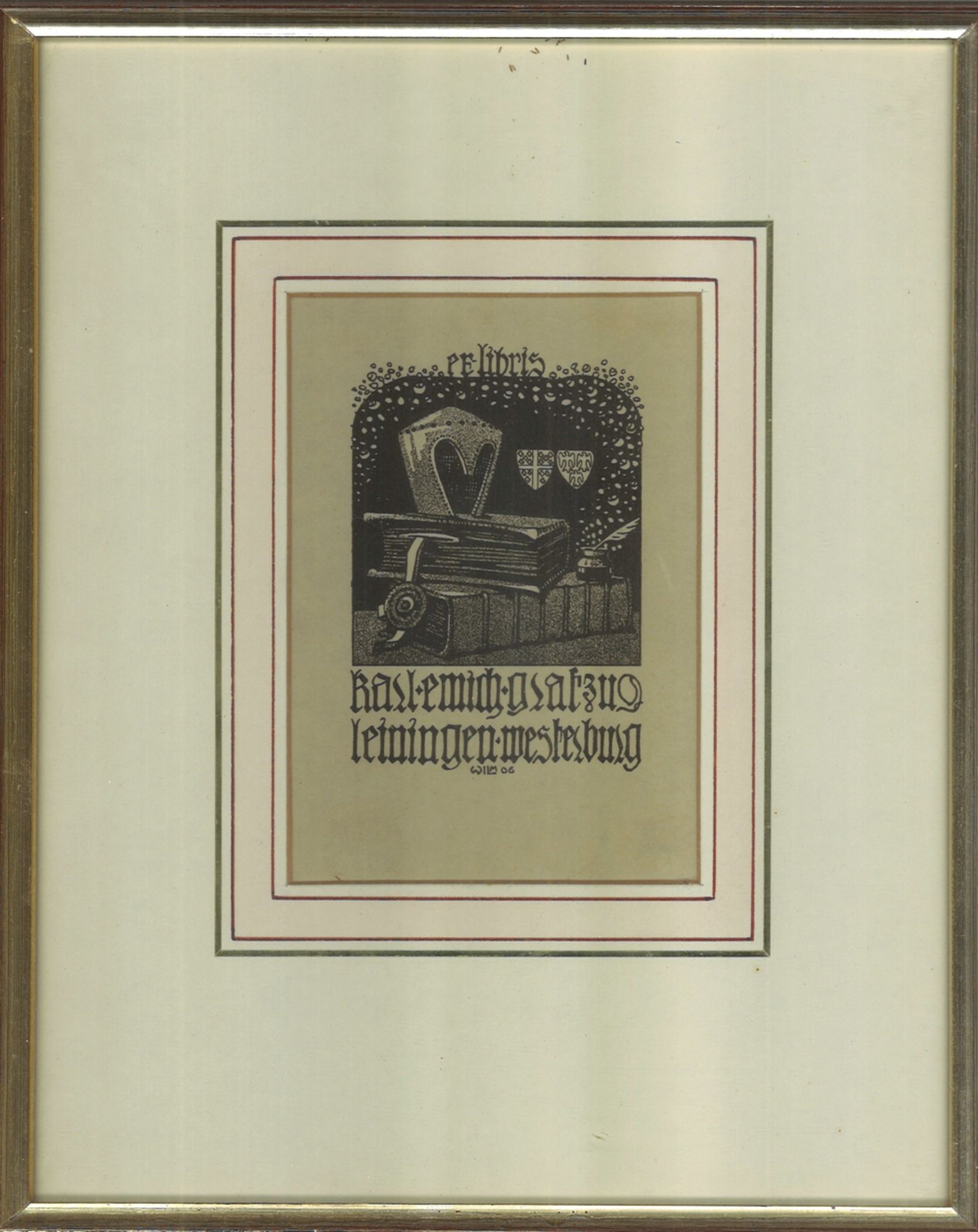 Exlibris d. Karl Emich, Graf zu Leiningen - Westerburg, Wilm 1906, hinter Glas gerahmt.