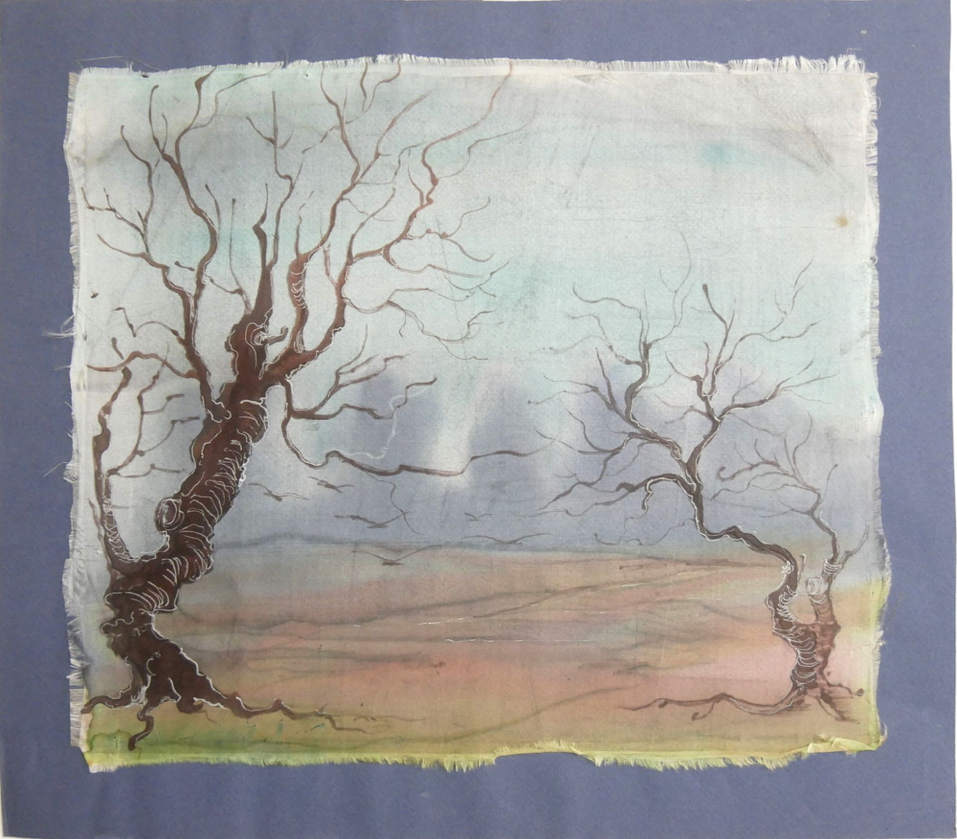 Seidenmalerei "2 Bäume", unbekannter Künstler, ohne Signatur, Maße (komplett): Breite ca. 46 cm