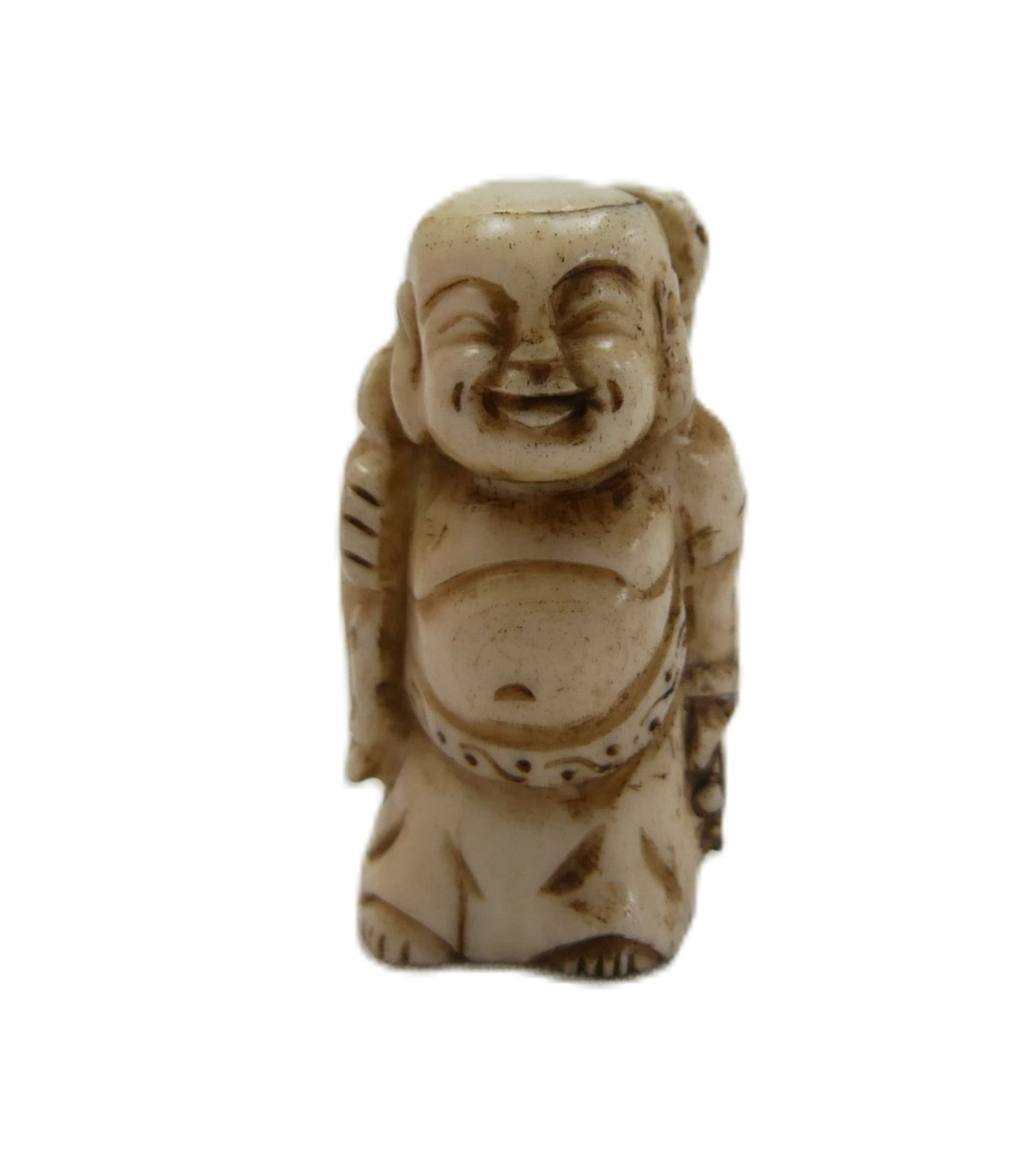 kleine geschnitzte Figur - Netsuke, aus Japan. "lachender Hotei", von Kopf bis Fuß durchgängiges