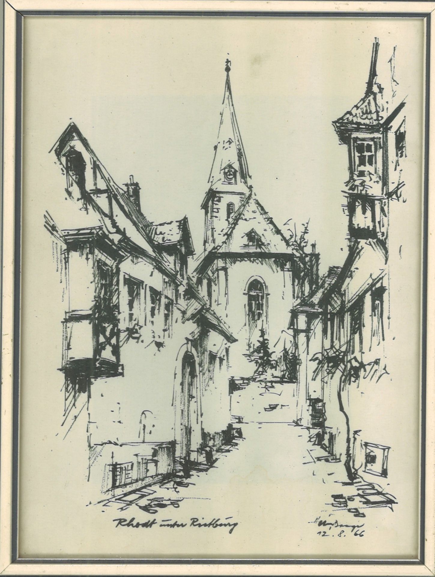 Druckgrafik "Rhodt unter Rietburg" rechts unten Heinzinger? 12.8.66, hinter Glas gerahmt.