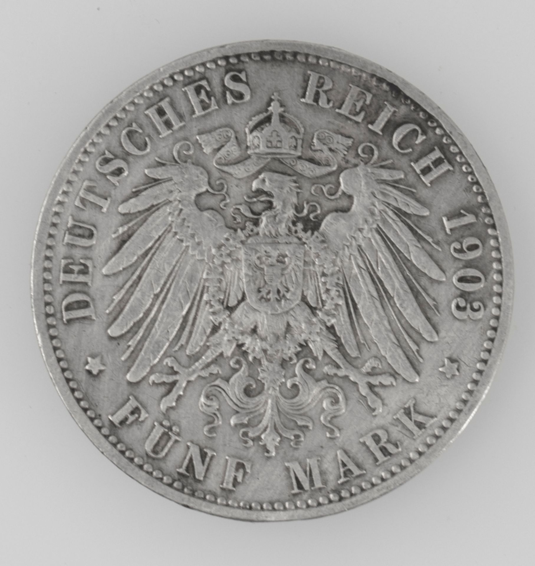 Deutsches Kaiserreich Preußen 1903 A, 5 Mark - Silbermünze "Wilhelm II.". Erhaltung: ss. - Bild 2 aus 2