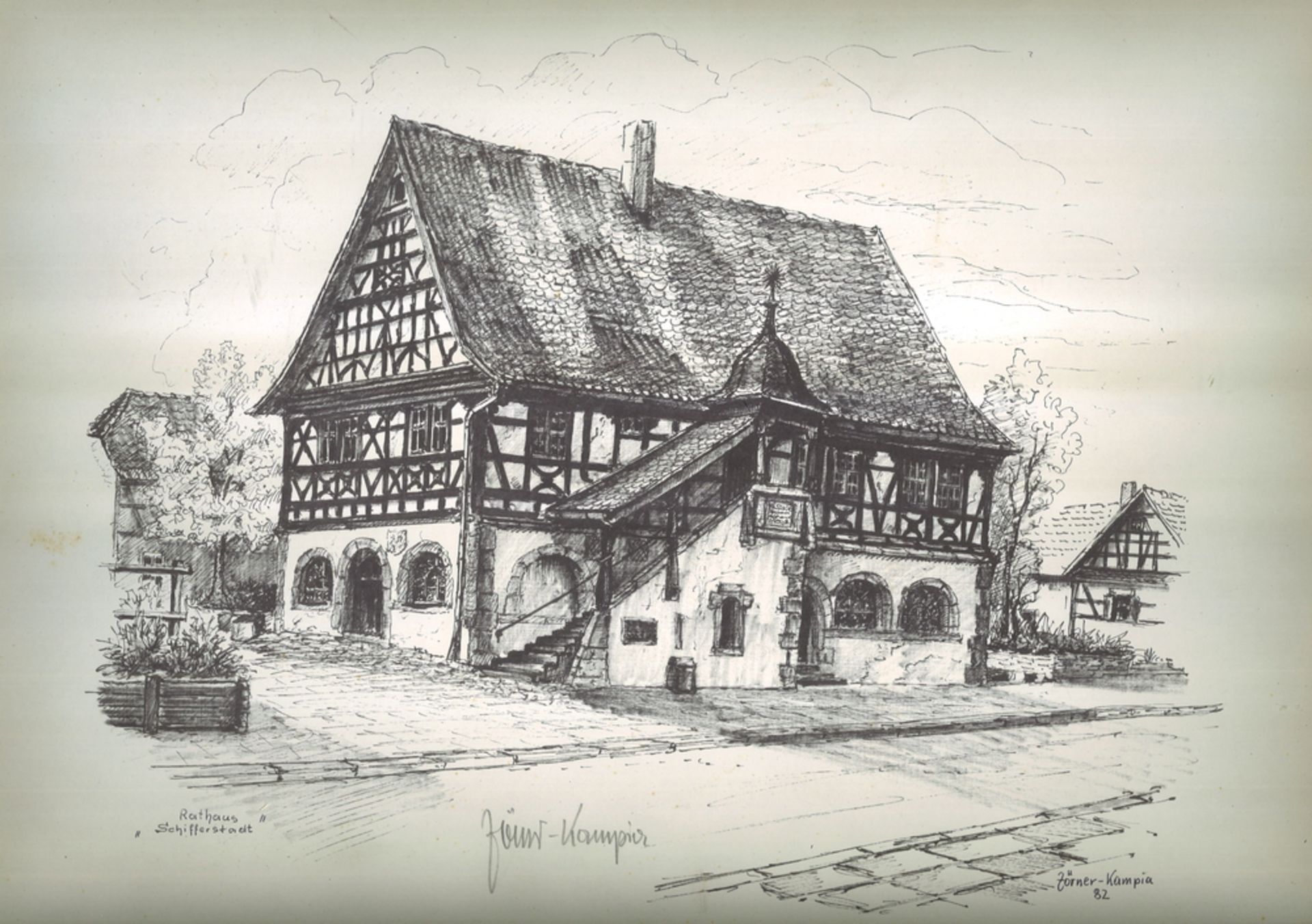 Josef Zörner-Kampia (1925- ) Bleistiftzeichnung (wohl Druck) "Rathaus Schifferstadt" handsigniert.