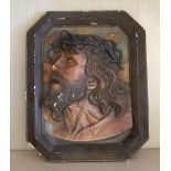 altes Keramik Relief Bild "Santo Christo de Limpias - Heiliger Christus der Reinen" signiert Ch