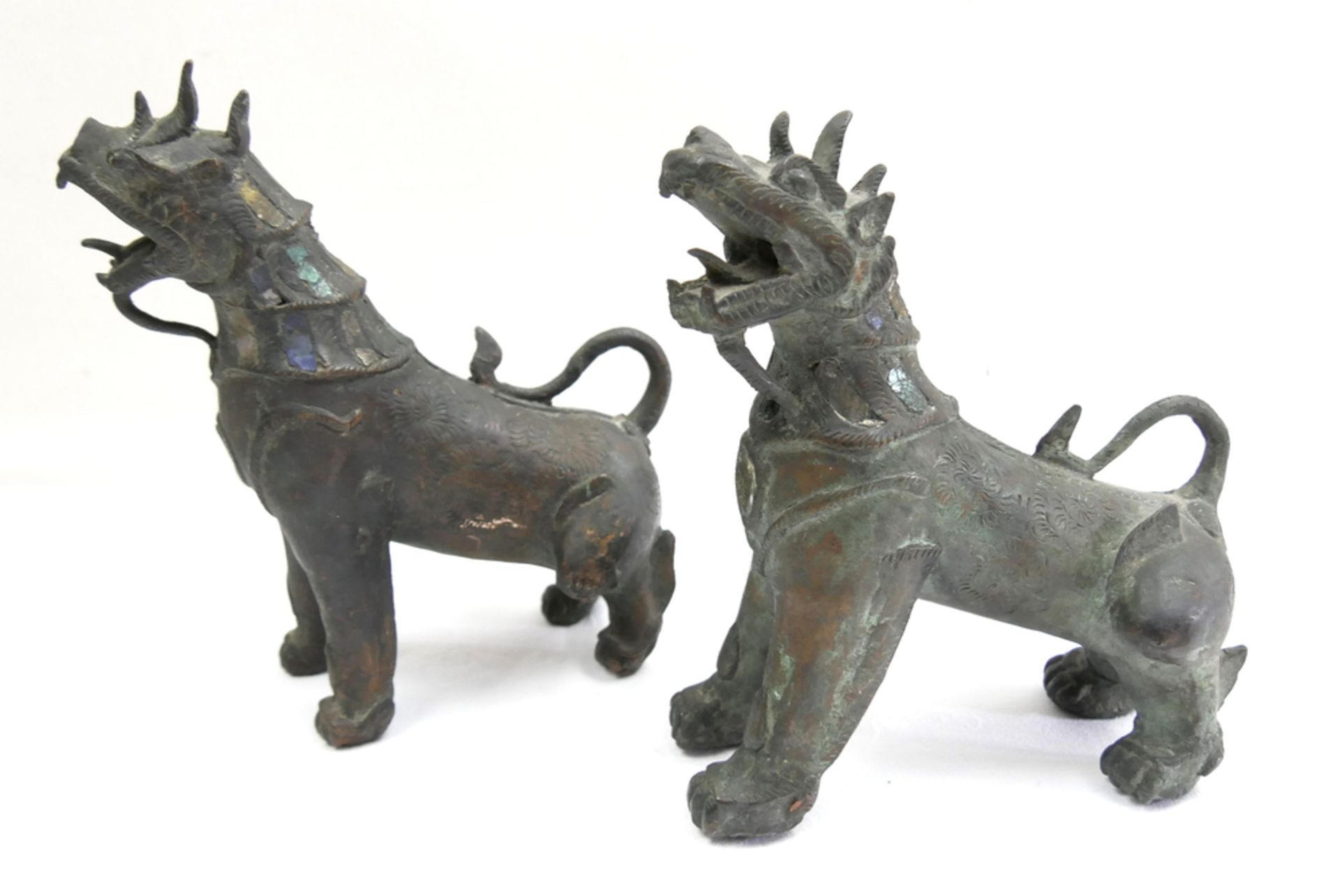 paar Tibetische Foo - Hunde / Tempelwächter aus Bronze mit verzierten Schmuckhalsband. Teilweise mit