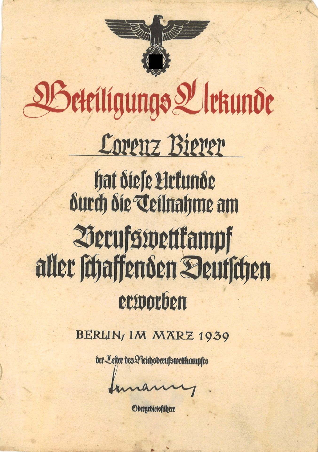3. Reich. Beteiligungs Urkunde, Berufswettkampf aller schaffenden Deutschen. Berlin 1939