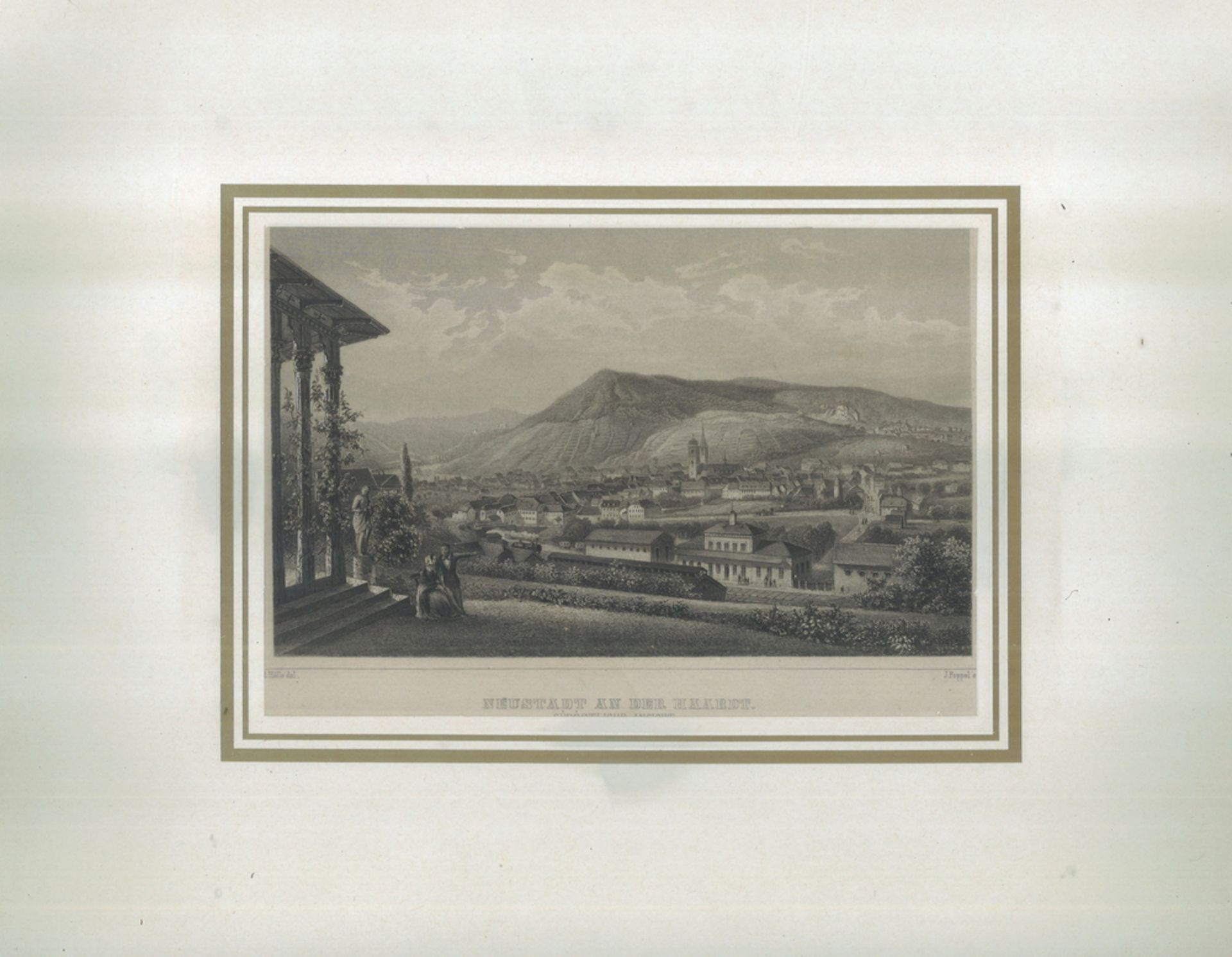 Stahlstich von J. Poppel nach R. Höfle, um 1850. "Neustadt an der Haardt. Südöstliche Ansicht."