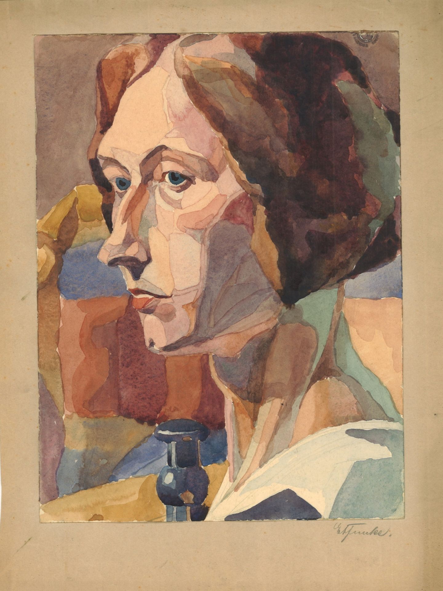 Aquarell "Portrait einer Frau", von Ernst August Funke, aus Nachlaß-Auflösung, Teil 1, Signatur