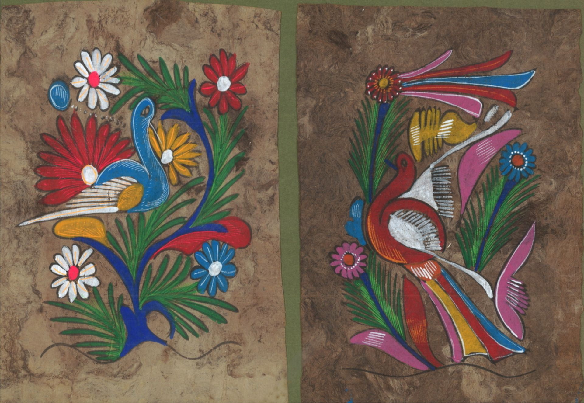 2x Mexikanische Malerei auf getrockneter Rinde "Vögel und Blumen", hinter Glas gerahmt.