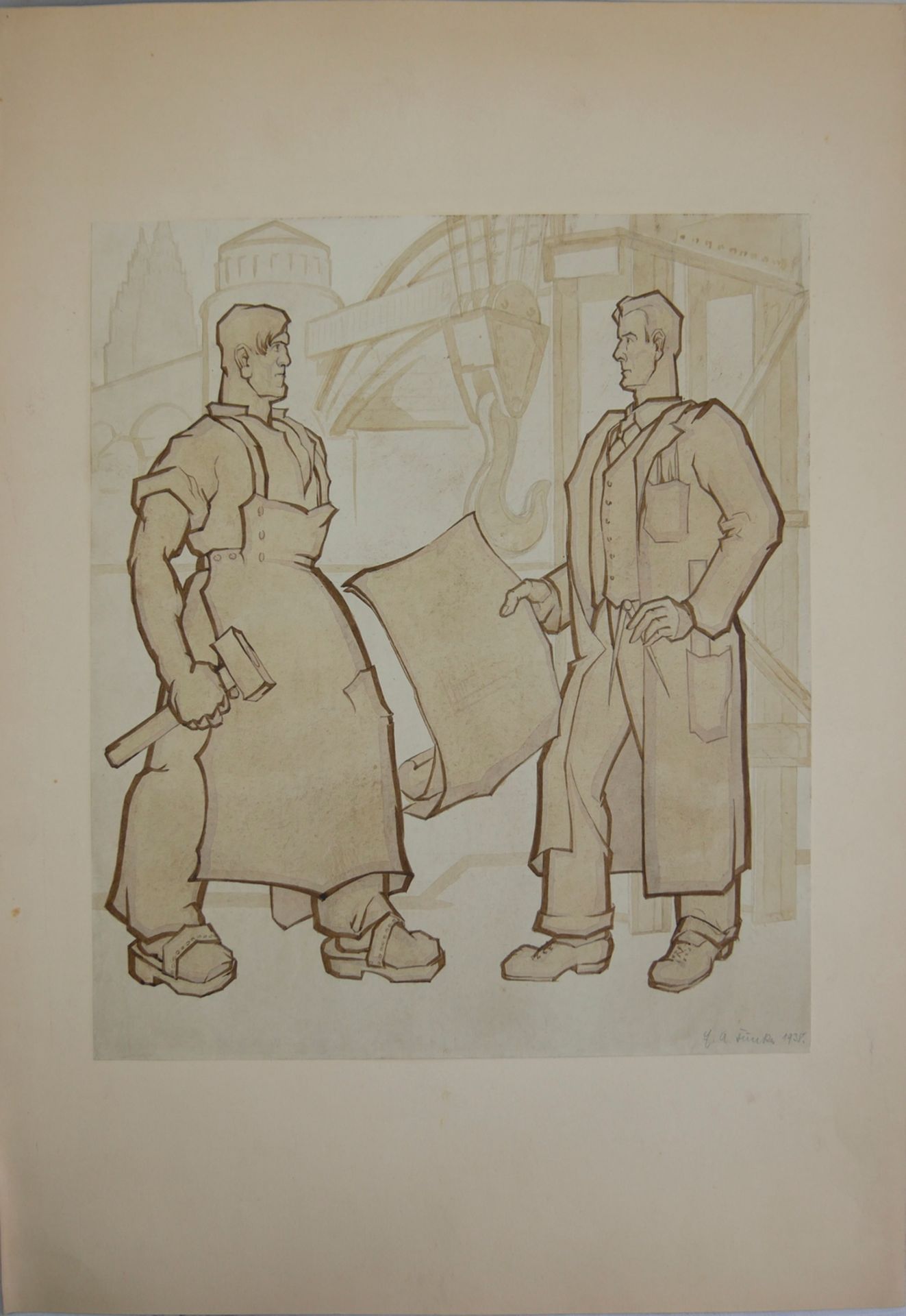 Tusche-Zeichnung von Ernst August Funke,"Bauzeichner mit Arbeiter", Signatur unten rechts 1938,
