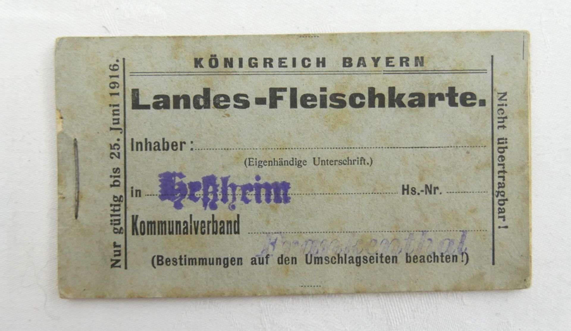 Königreich Bayern, Landesfleichkarte, Fleisch-Bezugsheft, noch komplett. Heßheim Komunalverband