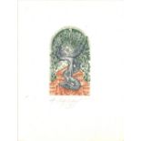 Lithografie von Wofgang Fratscher, Signatur unten mittig, chinesisches Horoskop: Die Schlange ist