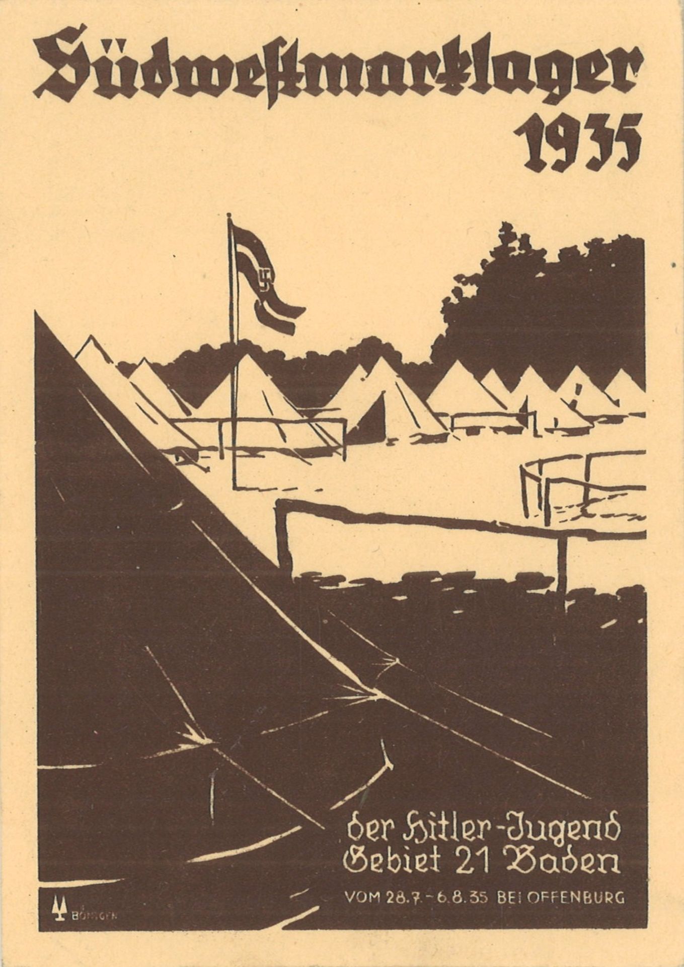 Deutsches Reich Ansichtspostkarte "Südwestmarklager 1935 der Hitler Jugend bei Offenburg, Michel-Nr.