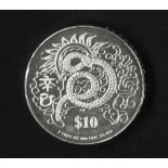 Singapur 2001, 10 Dollar - Silbermünze "Jahr der Schlange". Silber 999. KM 180. Erhaltung: PP.