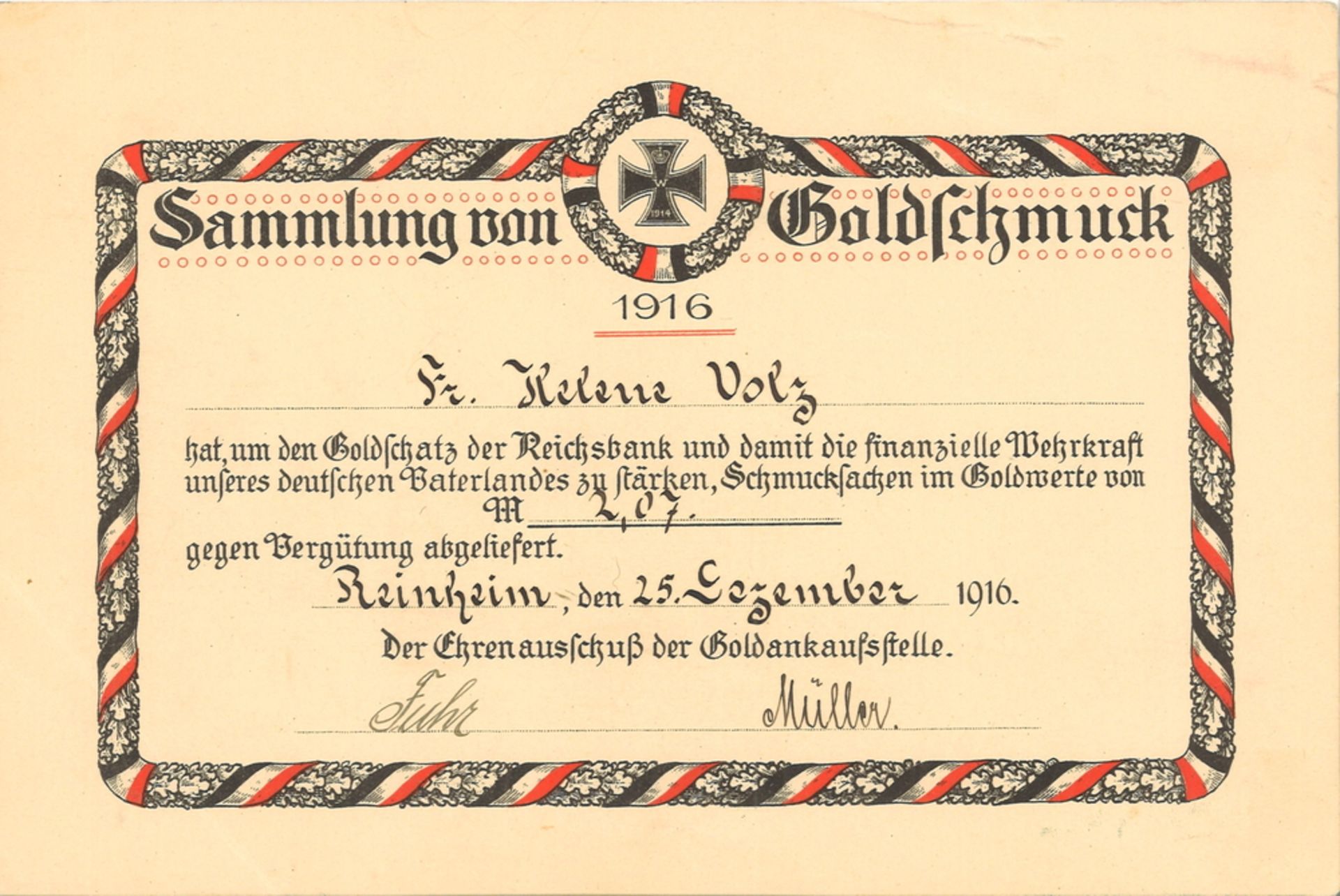 Urkunde für die Abgabe von Goldschmuck von 1916, guter Zustand