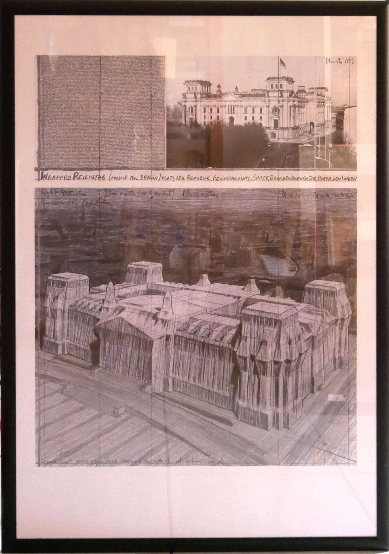 CHRISTO (1935-2020) Mischtechnik Zeichnung "Wrapped Reichstag (1993)", hinter Glas gerahmt. Oben