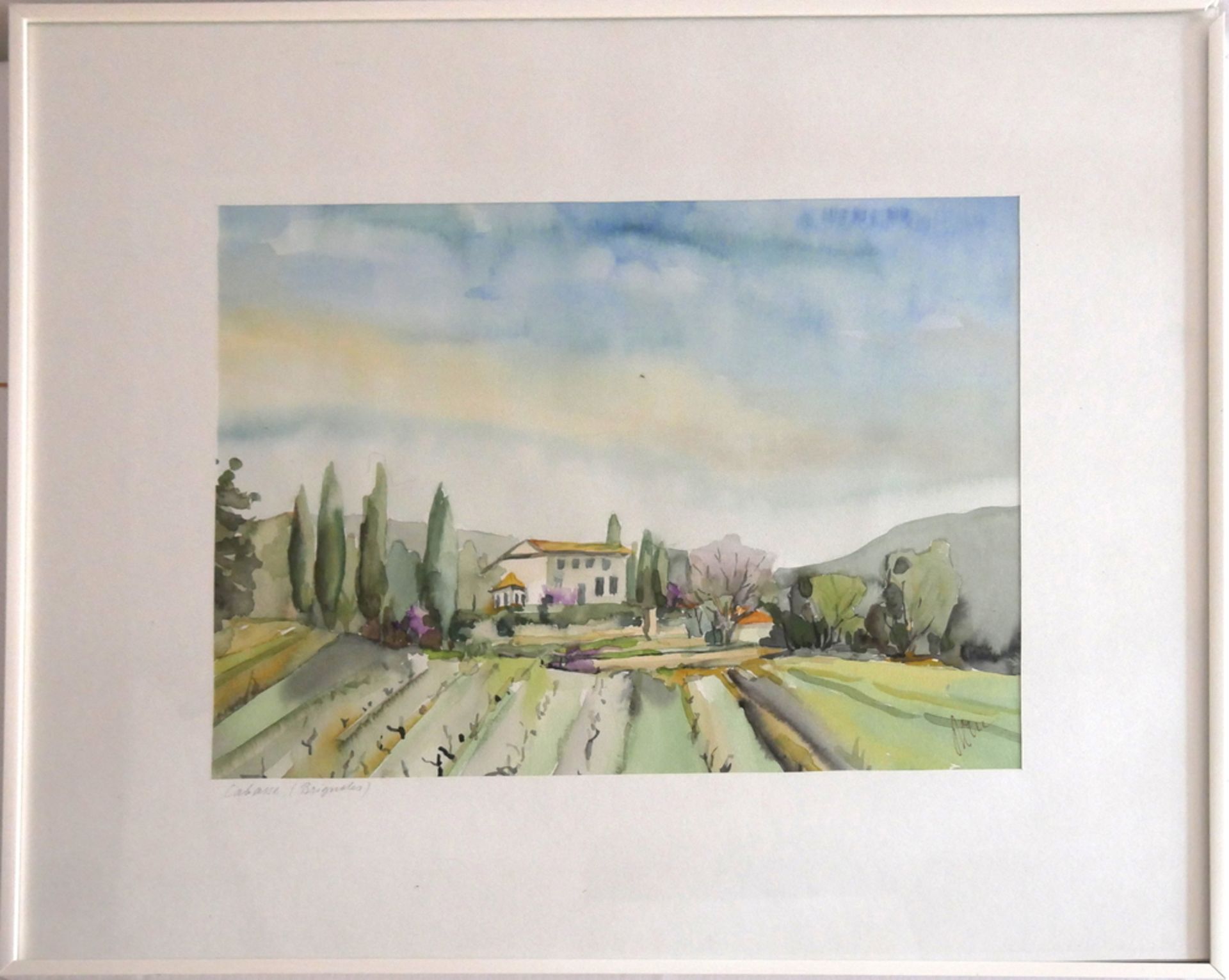 Aquarell, Italienische Landschaftsmalerei "Cabasse (Brignoles)", hinter Glas gerahmt. Rechts unten