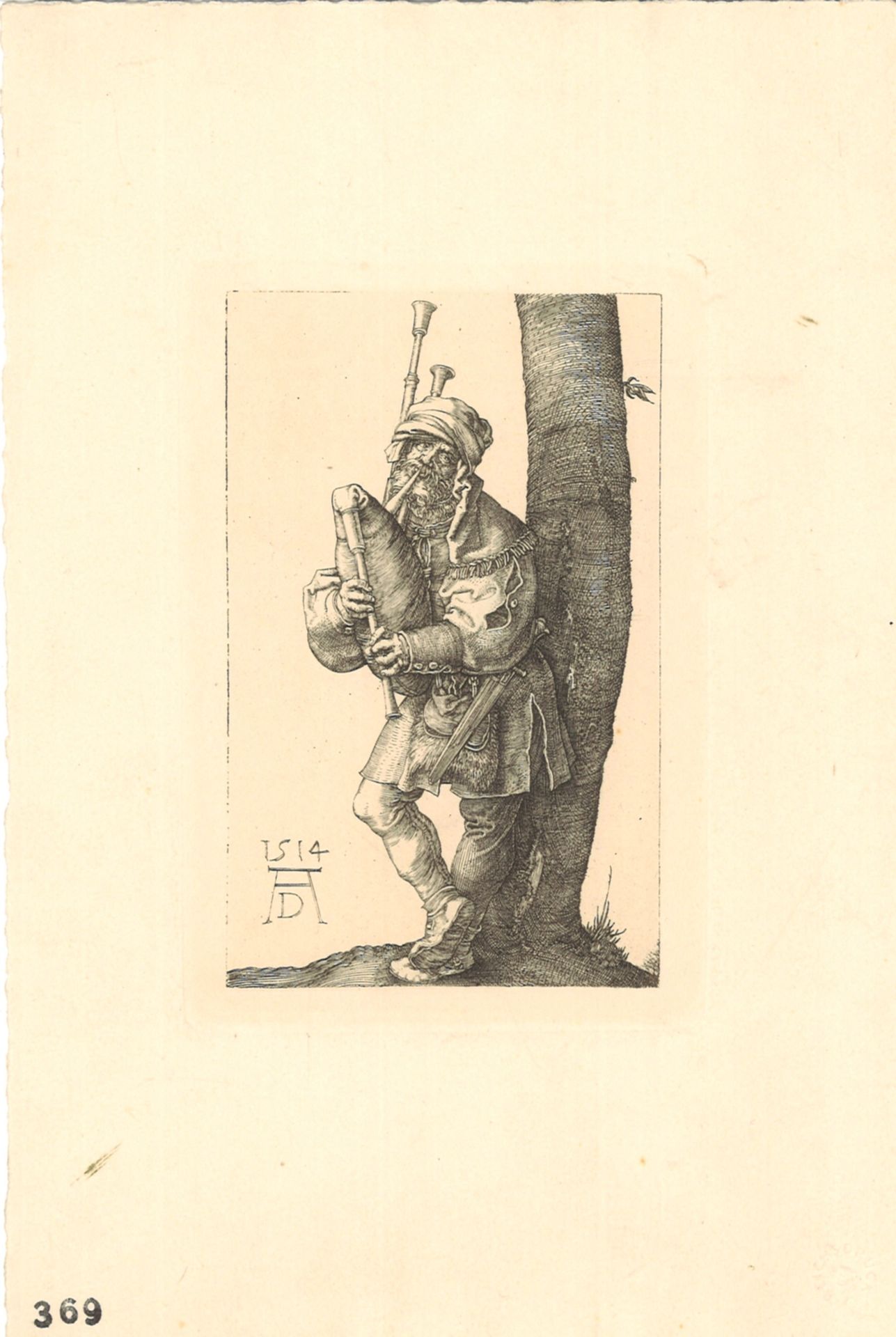 Druck "Der Dudelsackspieler" von Albrecht Dürer, 1514, Monogramm links unten, Stempel auf der