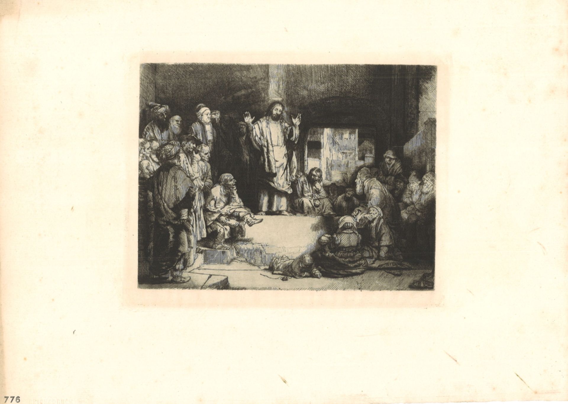 Lithografie, "Christus predigt", 1652 von Rembrandt van Rijn (1606-1669), Stempel auf der