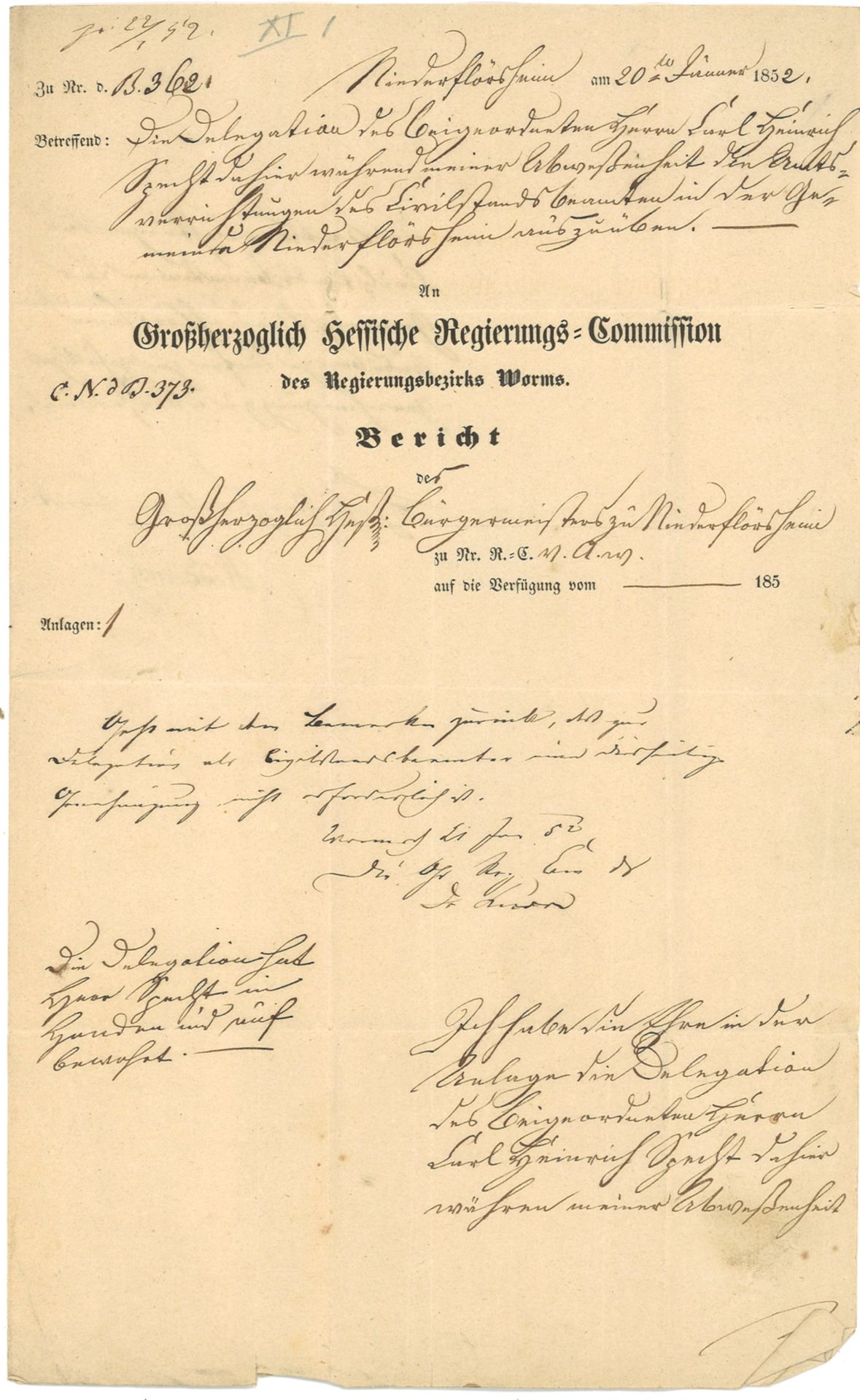 Faltbrief aus Nieder-Flörsheim, Januar 1852 "An die Großherzogliche Regierungskommission Worms",