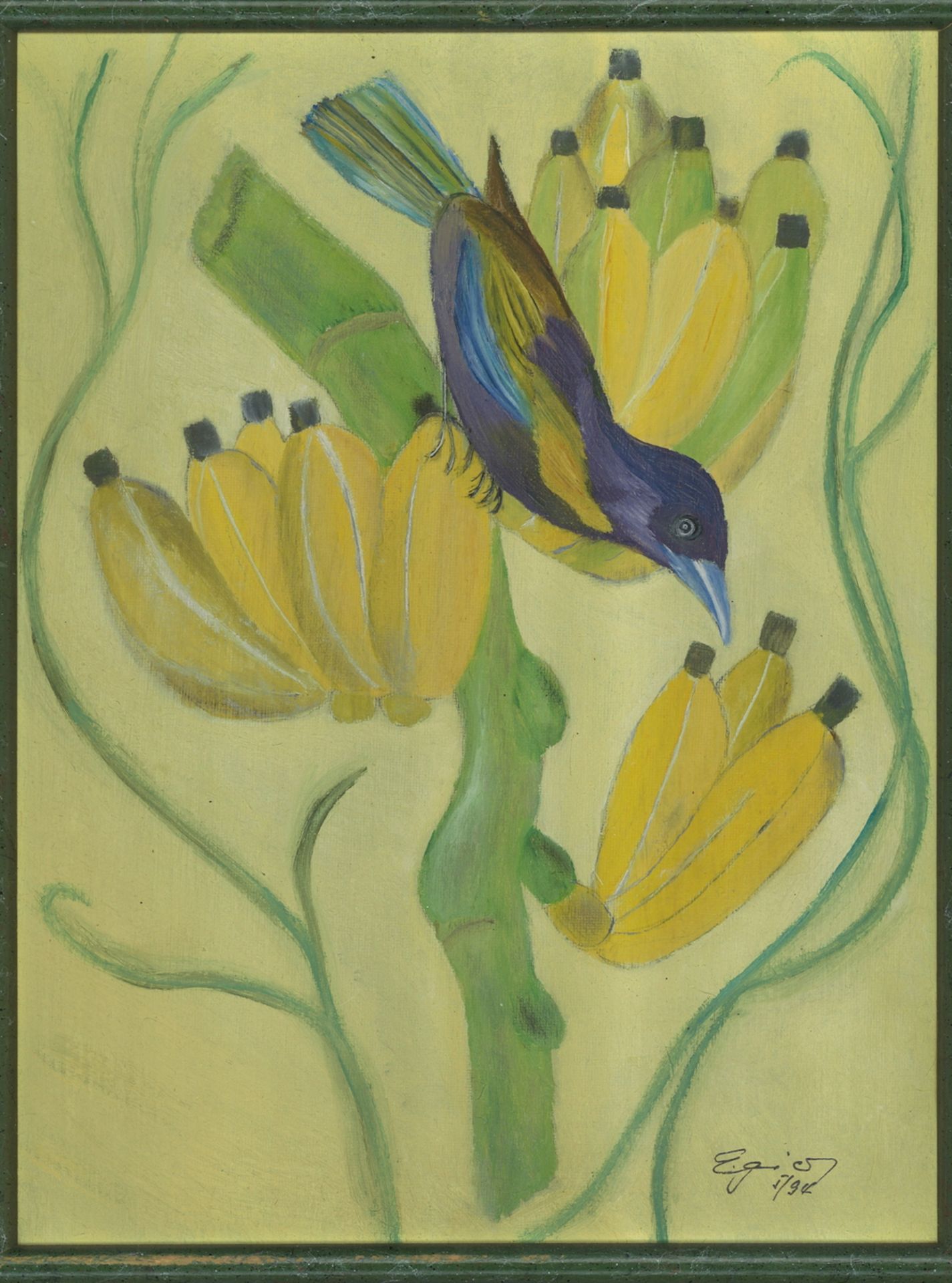 Gemälde auf Leinwand "Vogel in Bananenstaude" im alten Rahmen, rechts unten unleserliche Signatur