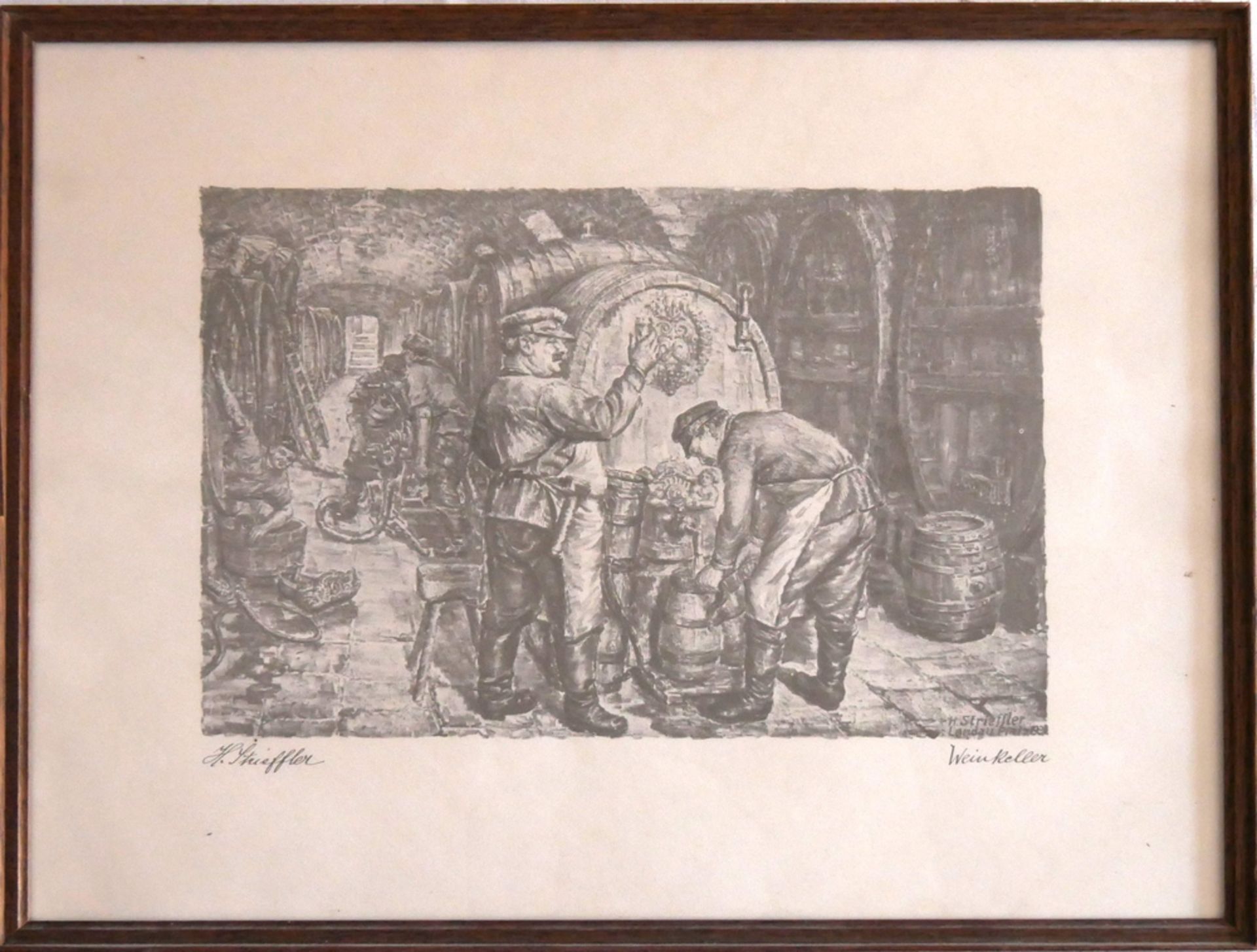 Heinrich STRIEFFLER (1872-1949) Lithographie "Weinkeller" links unten Signiert, hinter Glas gerahmt.