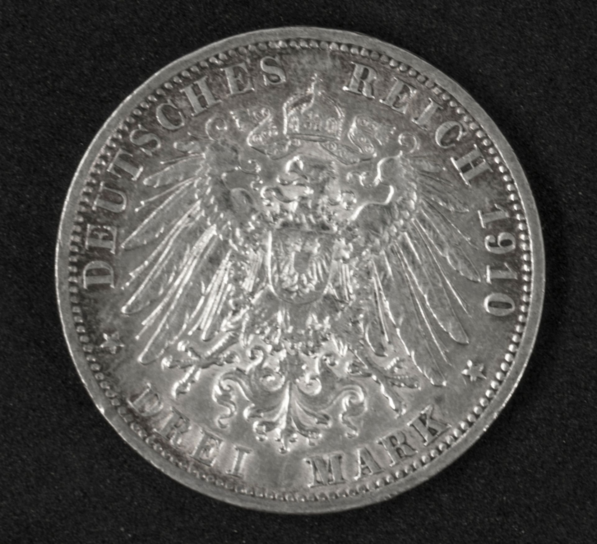 Deutsches Kaiserreich Preußen 1910 A, 3 Mark - Silbermünze "Wilhelm II." Erhaltung: ss+. - Bild 2 aus 2