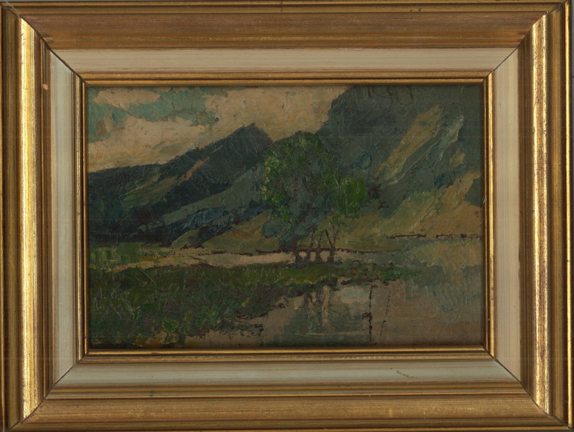 Karl HOLFELD (1921-2009) Ölgemälde auf Platte "Alpine Landschaft" im goldenen Rahmen. Maße: Höhe ca.