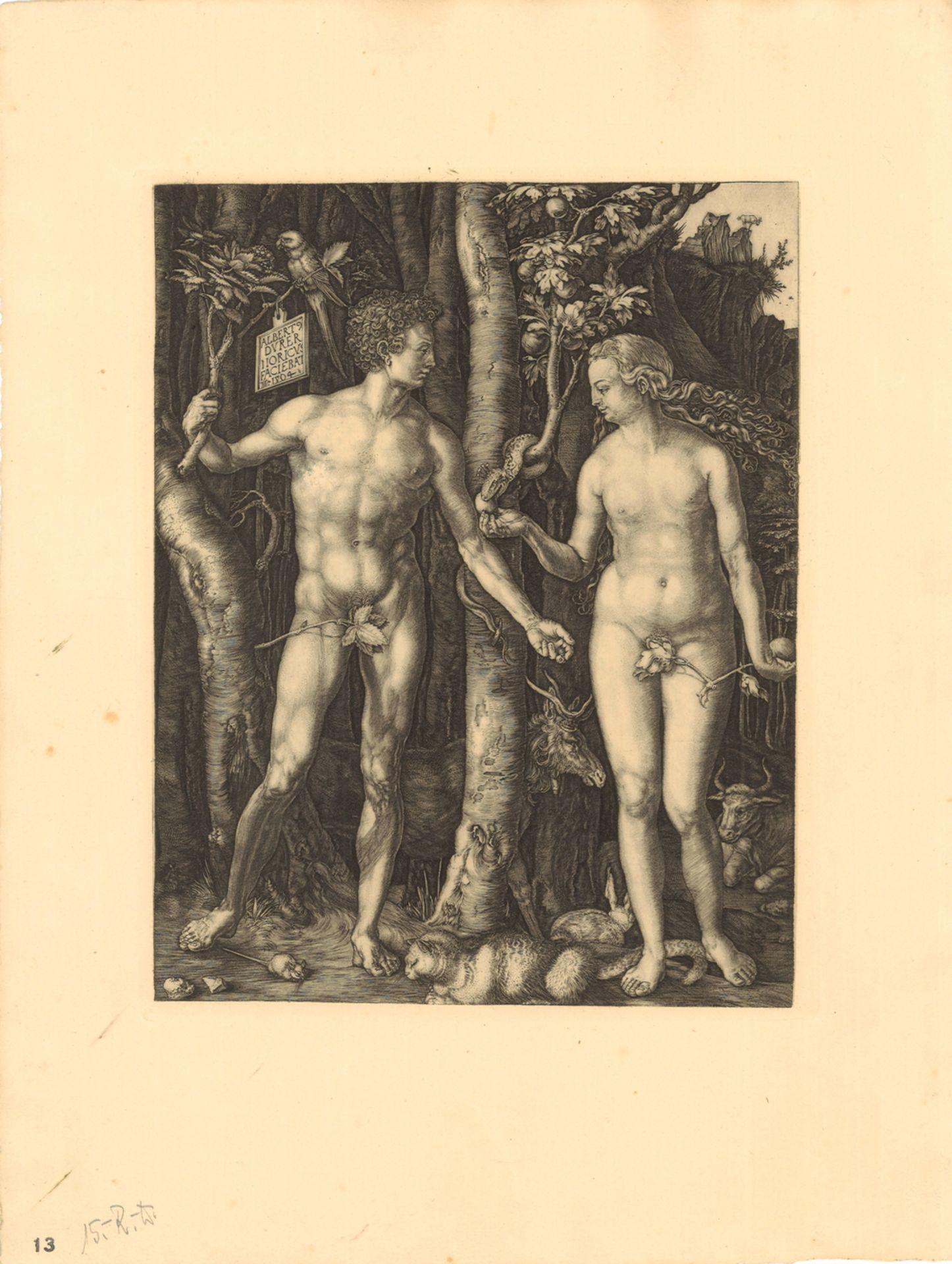 Druck-Grafik "Adam und Eva" Hieronymus Wierix (1553 - 1619) nach Albrecht Dürer, Maße: Breite ca. 29