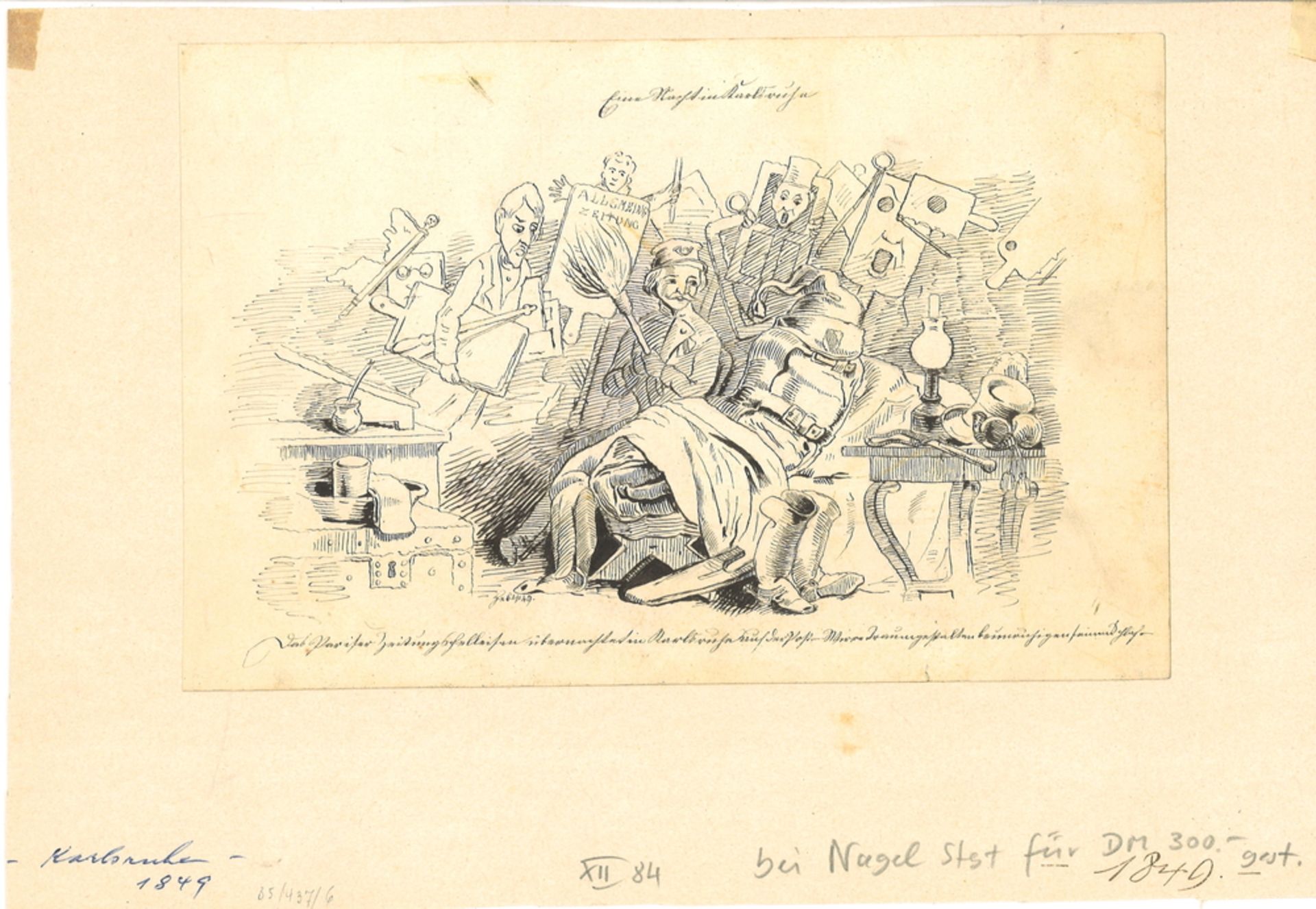 Lithographie "Karlsruhe 1849" mit Passepartout. Blatt Maße: Höhe ca. 14,5 cm, Breite ca. 12,5 cm