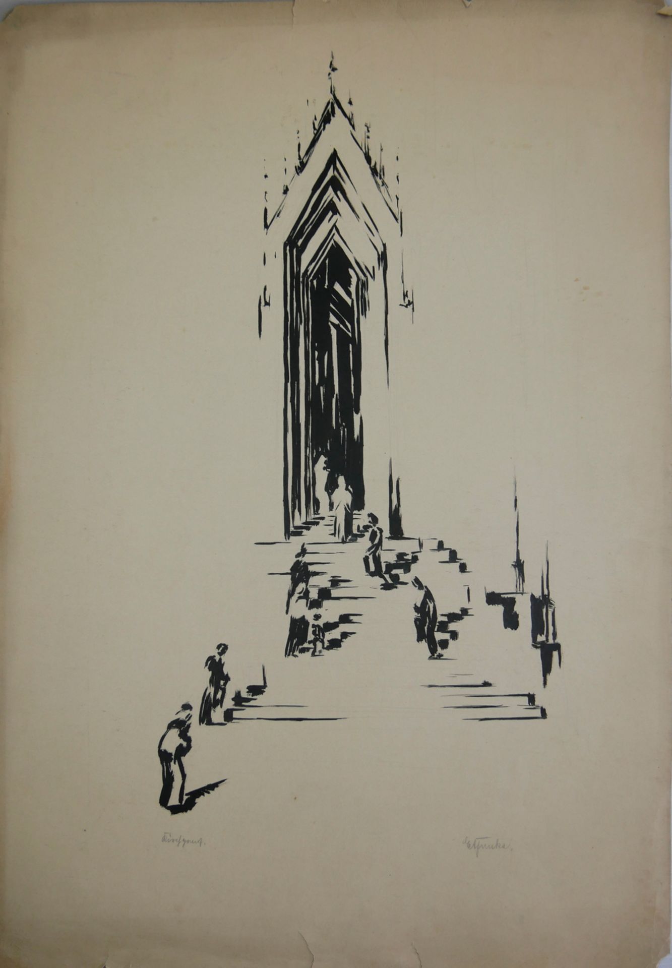 Tusche-Zeichnung "Kirchgang" von Ernst August Funke, aus einer Nachlaß-Auflösung, Teil 1, Maße: