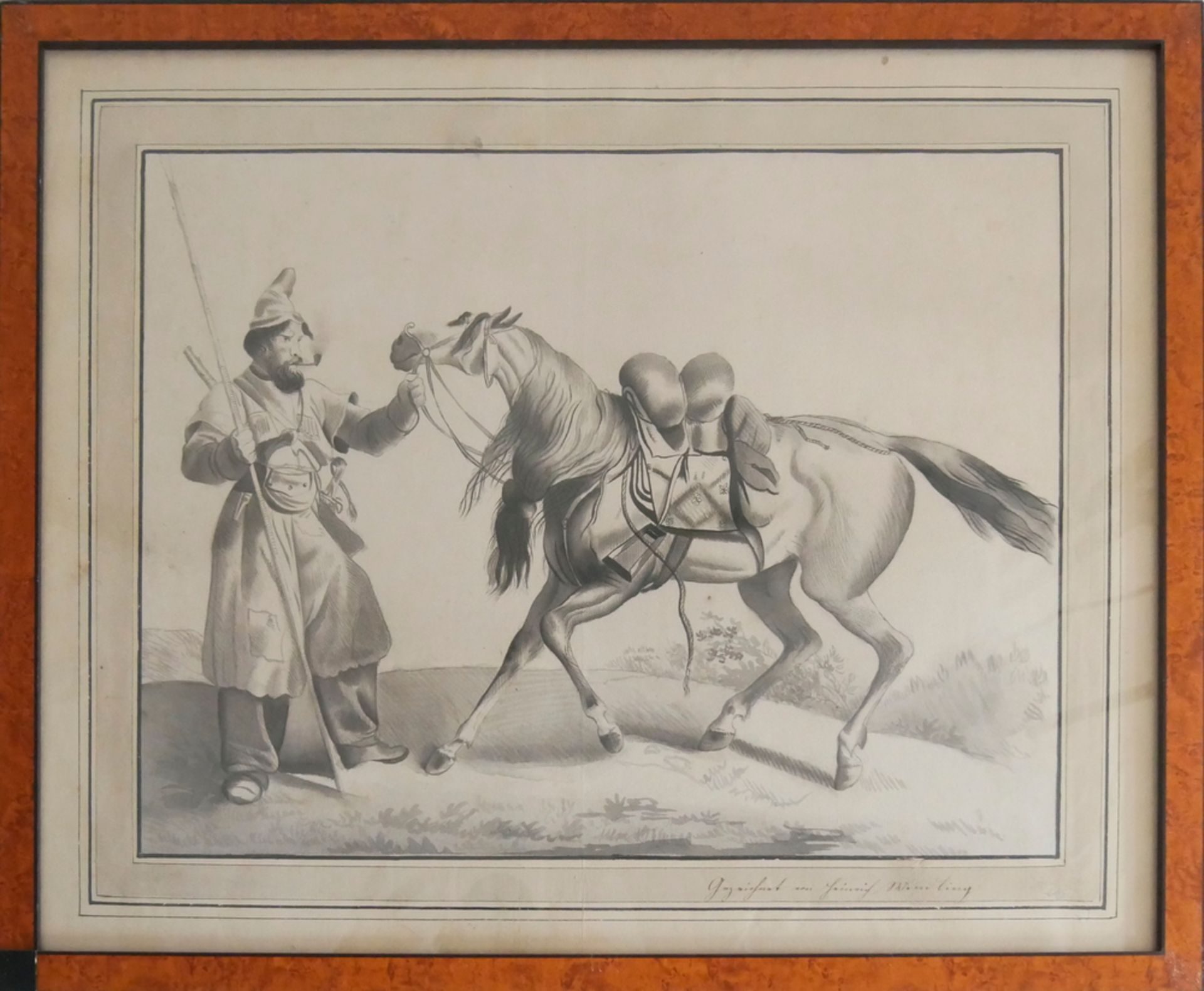 Lithografie "Cheval de Cosaque irregulier - A Cossack standing with his horse", unbekannter